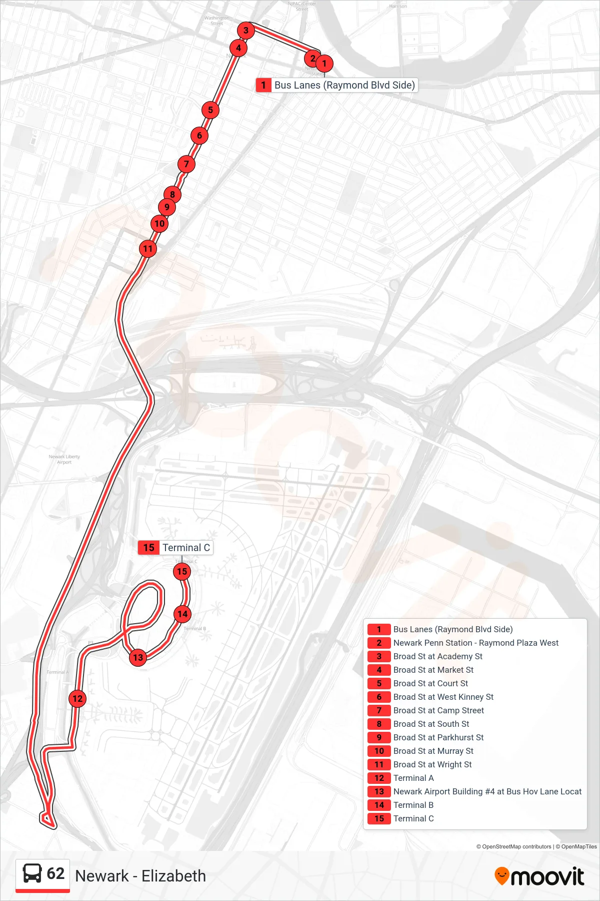 62 bus Line (Newark Airport) route and stops on a map
