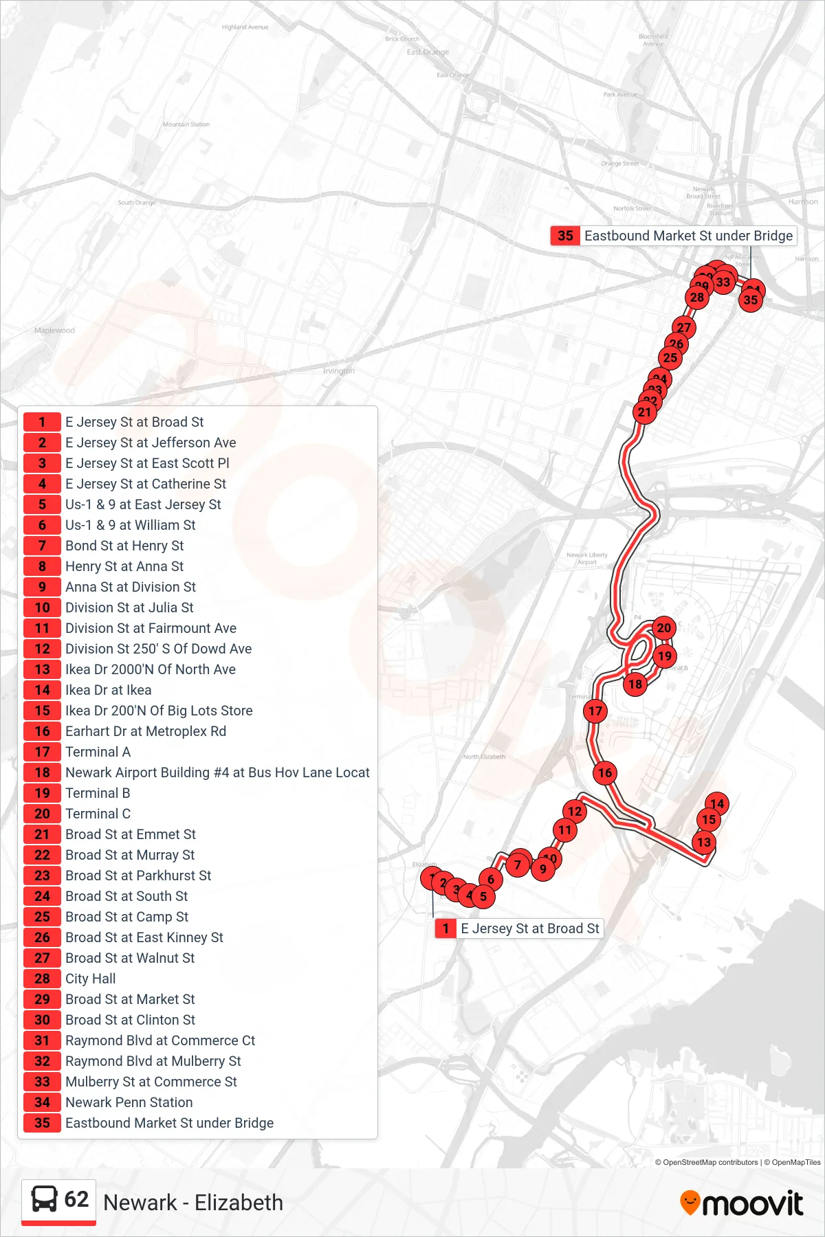 62 bus Line (Newark Penn  Via Airport Ikea & Fedex) route and stops on a map