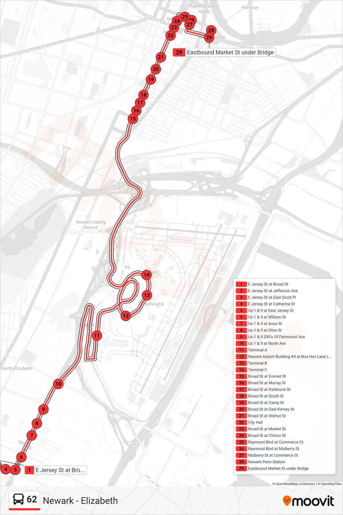 62 bus Line (Newark Penn  Via Airport) route and stops on a map