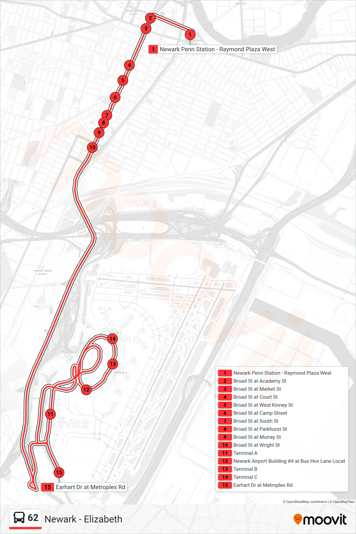 62 bus Line (Newark Airport Via Fedex) route and stops on a map