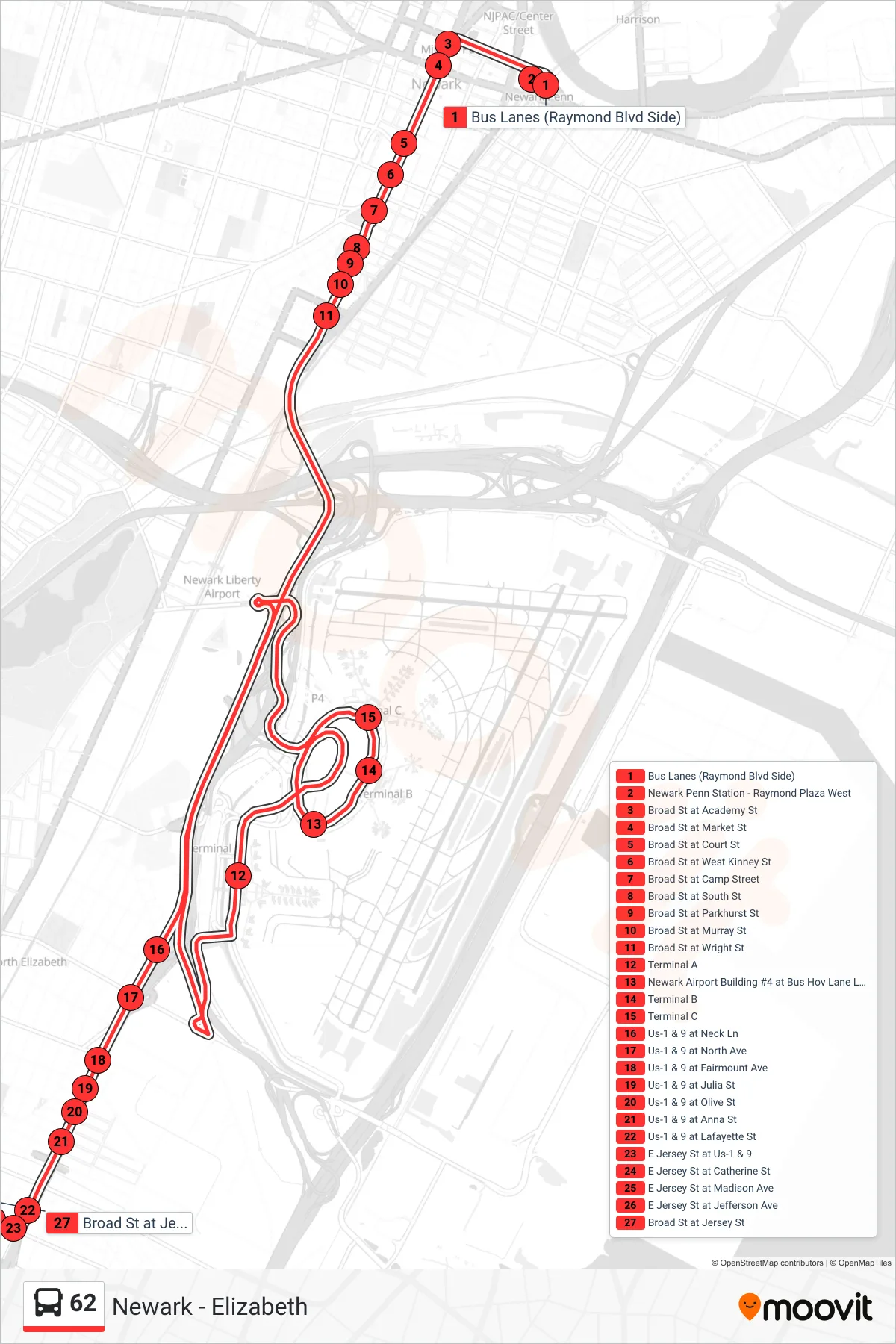 62 bus Line (Elizabeth  Via Airport) route and stops on a map