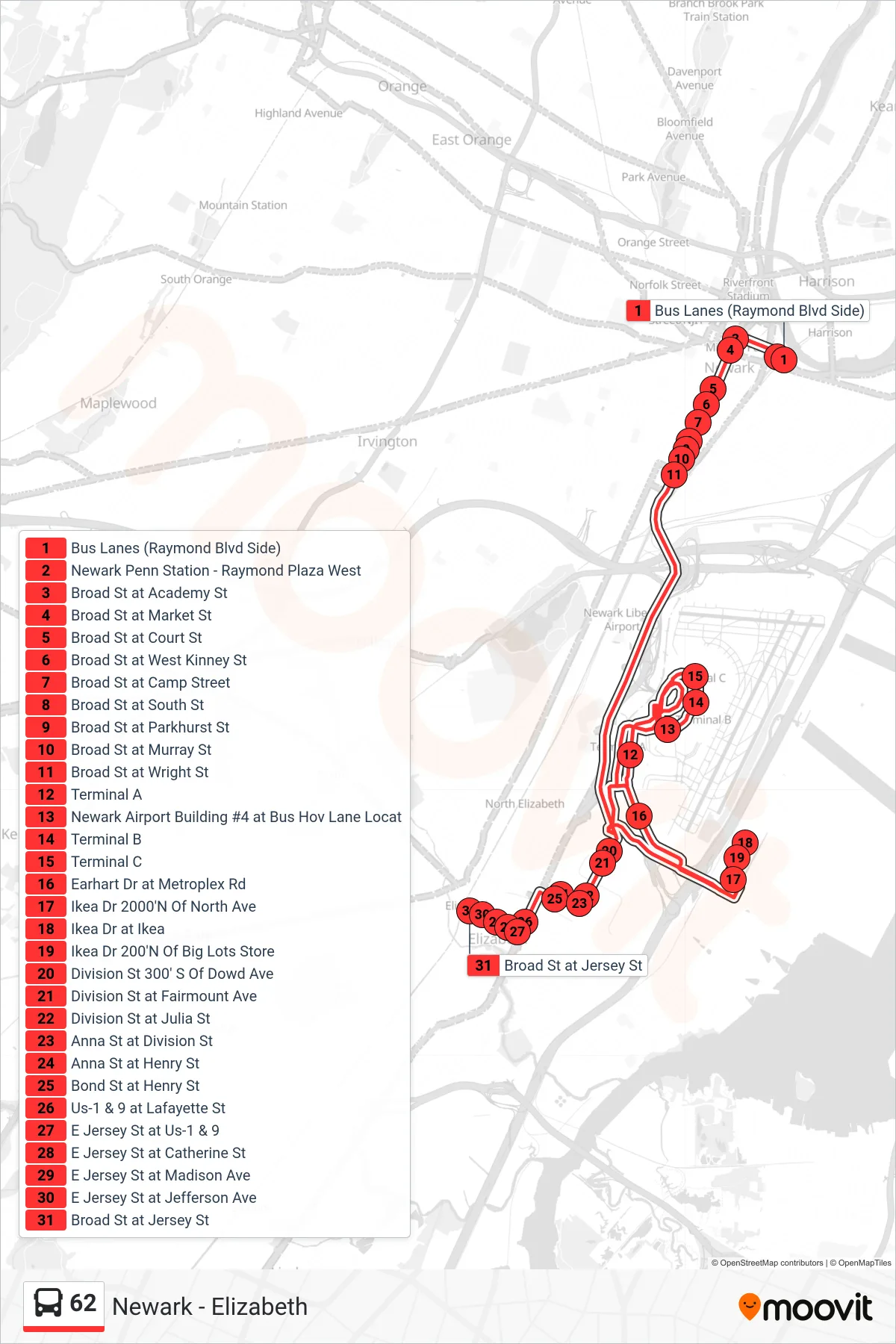 62 bus Line (Elizabeth Via Airport Ikea & Fedex) route and stops on a map