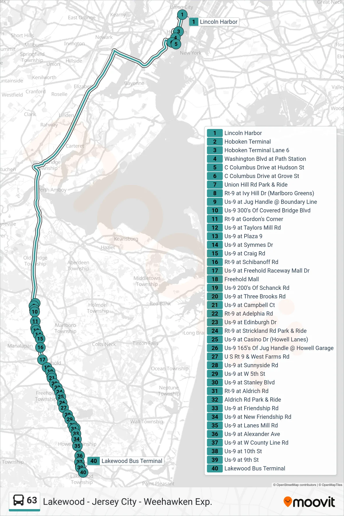 63 bus Line (X Lakewood Express To Union Hill Park Ride) route and stops on a map