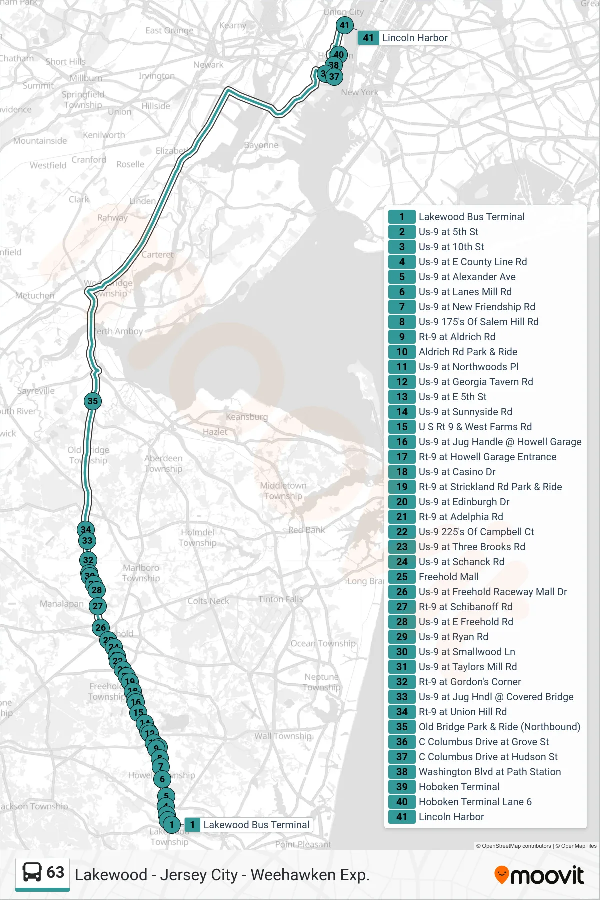 63 bus Line (X Weehawken Express Via Hoboken) route and stops on a map
