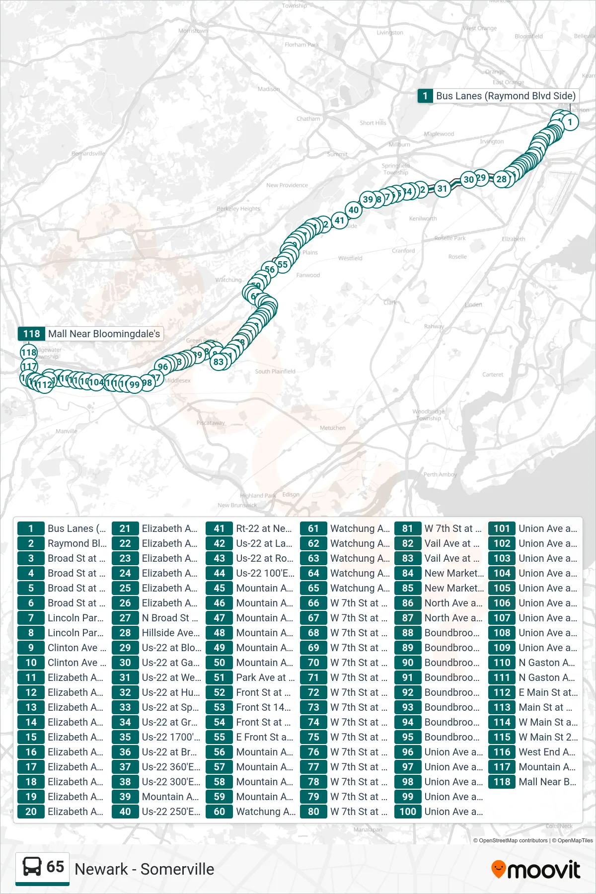 65 bus Line (B Bridgewater Comn Express) route and stops on a map