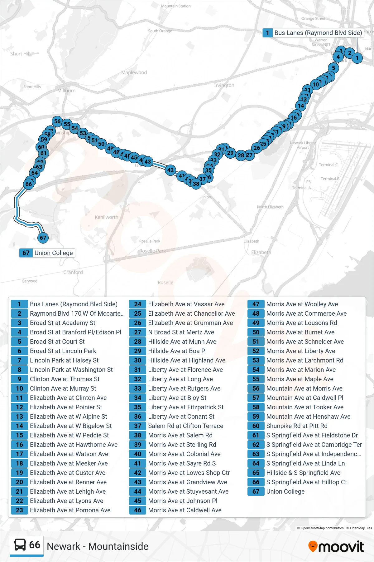 66 bus Line (M UC Cranford Via Morris & Sprgfld Aves) route and stops on a map