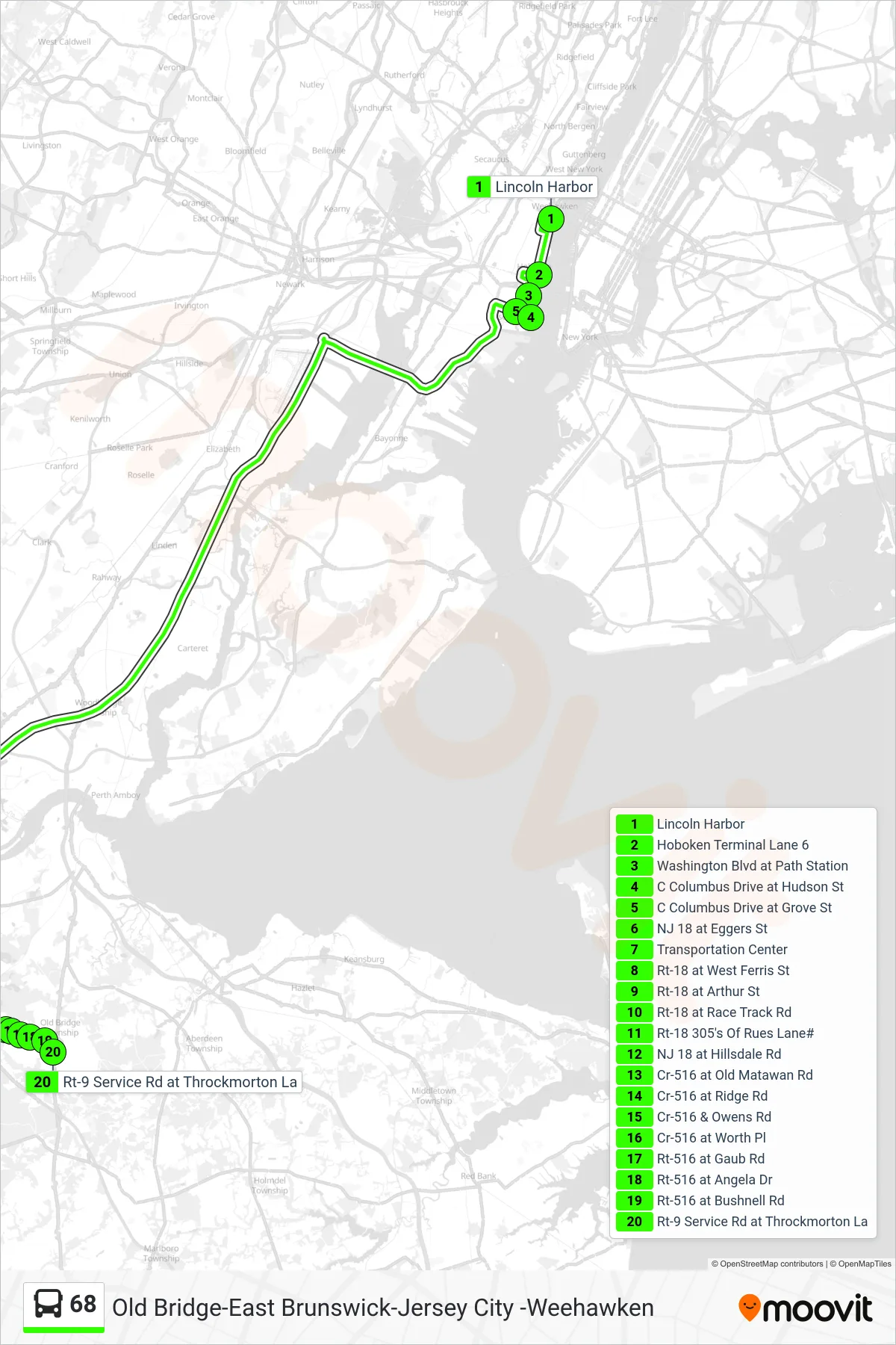 68 bus Line (Old Bridge Via Route 18) route and stops on a map