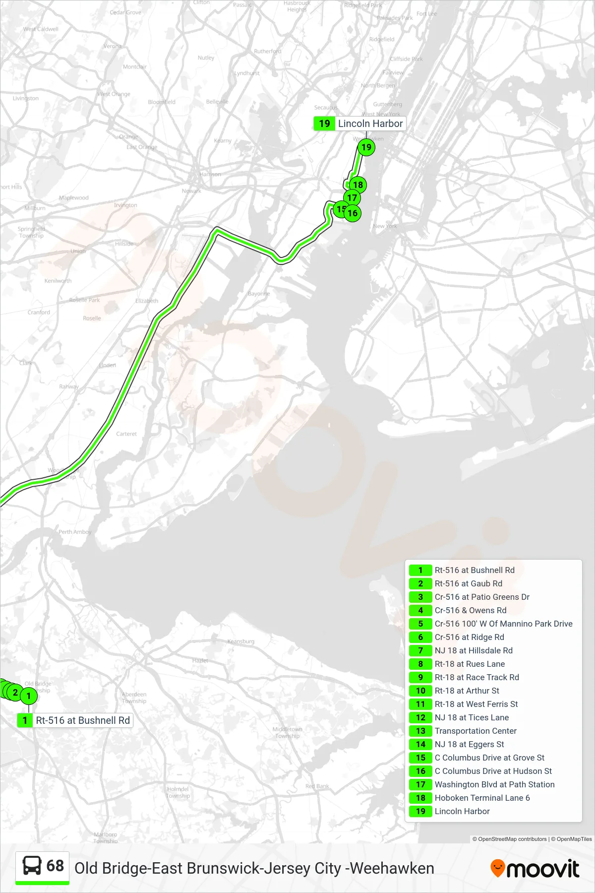 68 bus Line (Weehawken Via Exchange Pl Via Hoboken) route and stops on a map