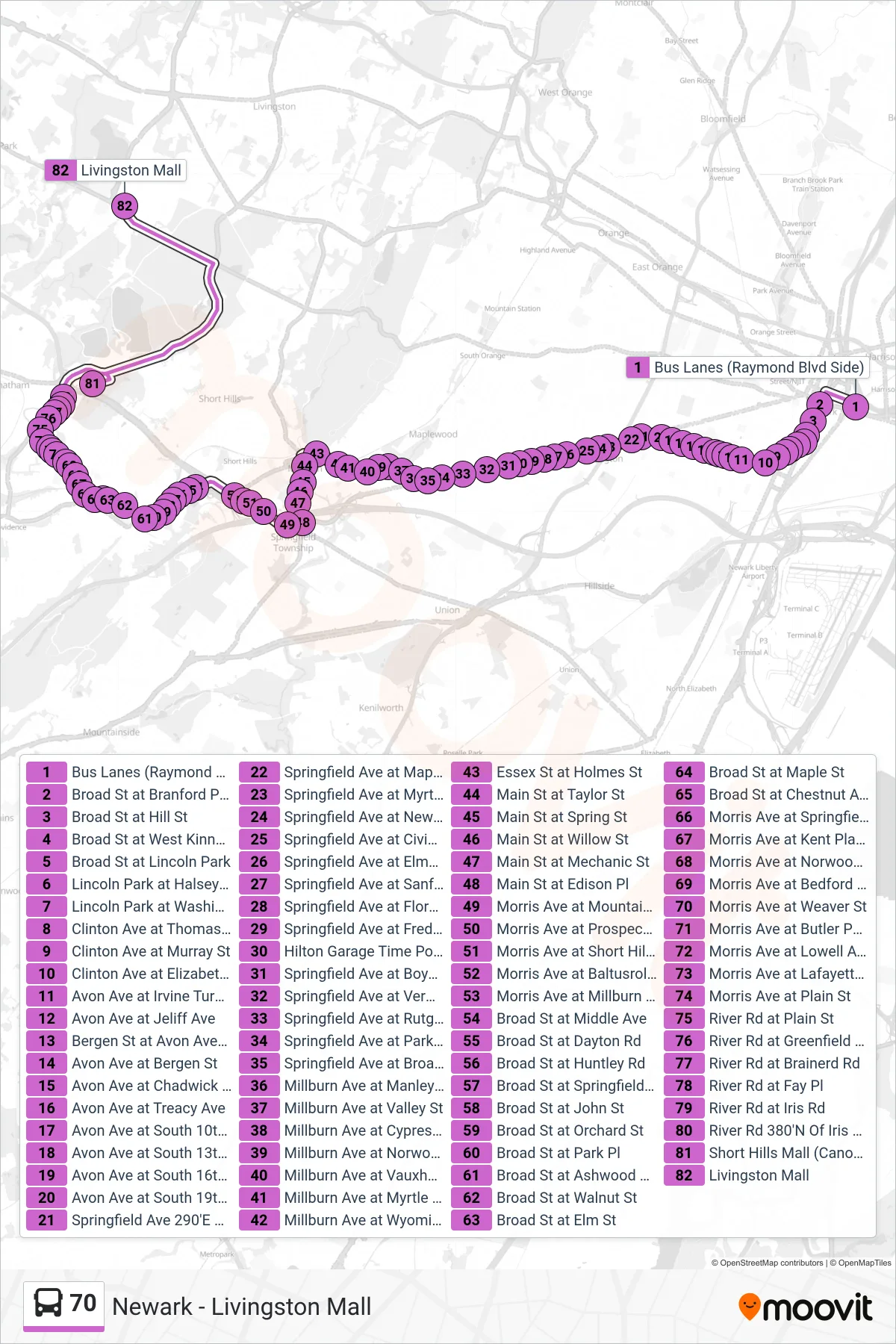 70 bus Line (Livingston Mall) route and stops on a map