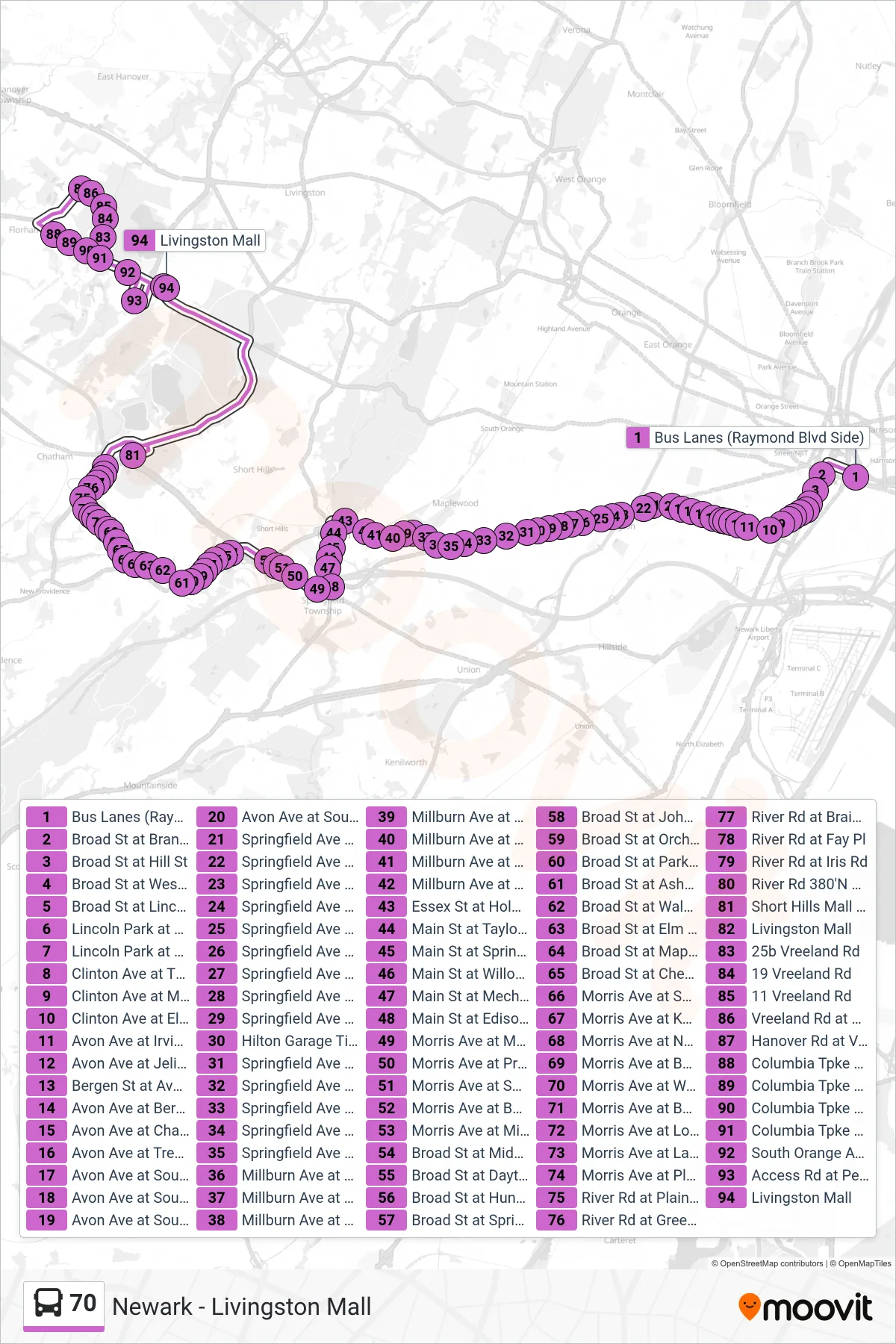 70 bus Line (Florham Park) route and stops on a map
