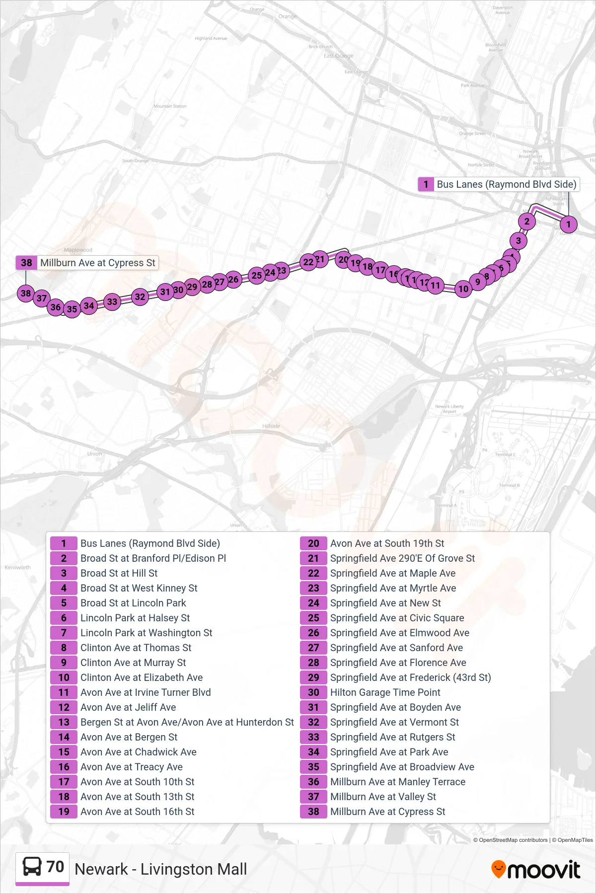 70 bus Line (Maplewood Loop) route and stops on a map