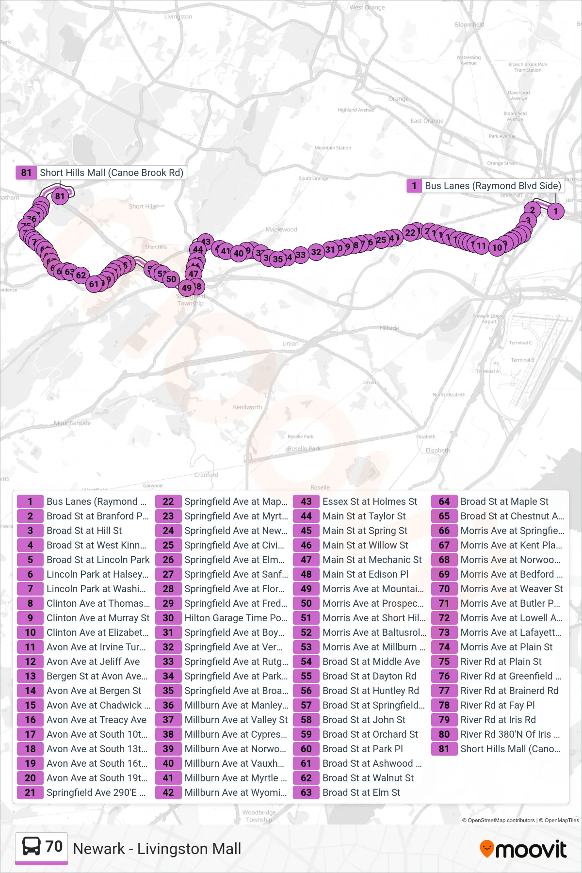 70 bus Line (Short Hills Mall) route and stops on a map