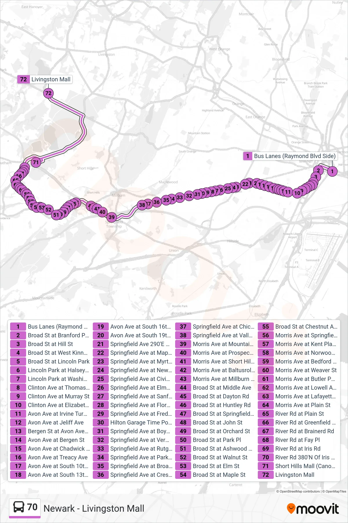 70 bus Line (Livingston Mal Via Vauxhall) route and stops on a map
