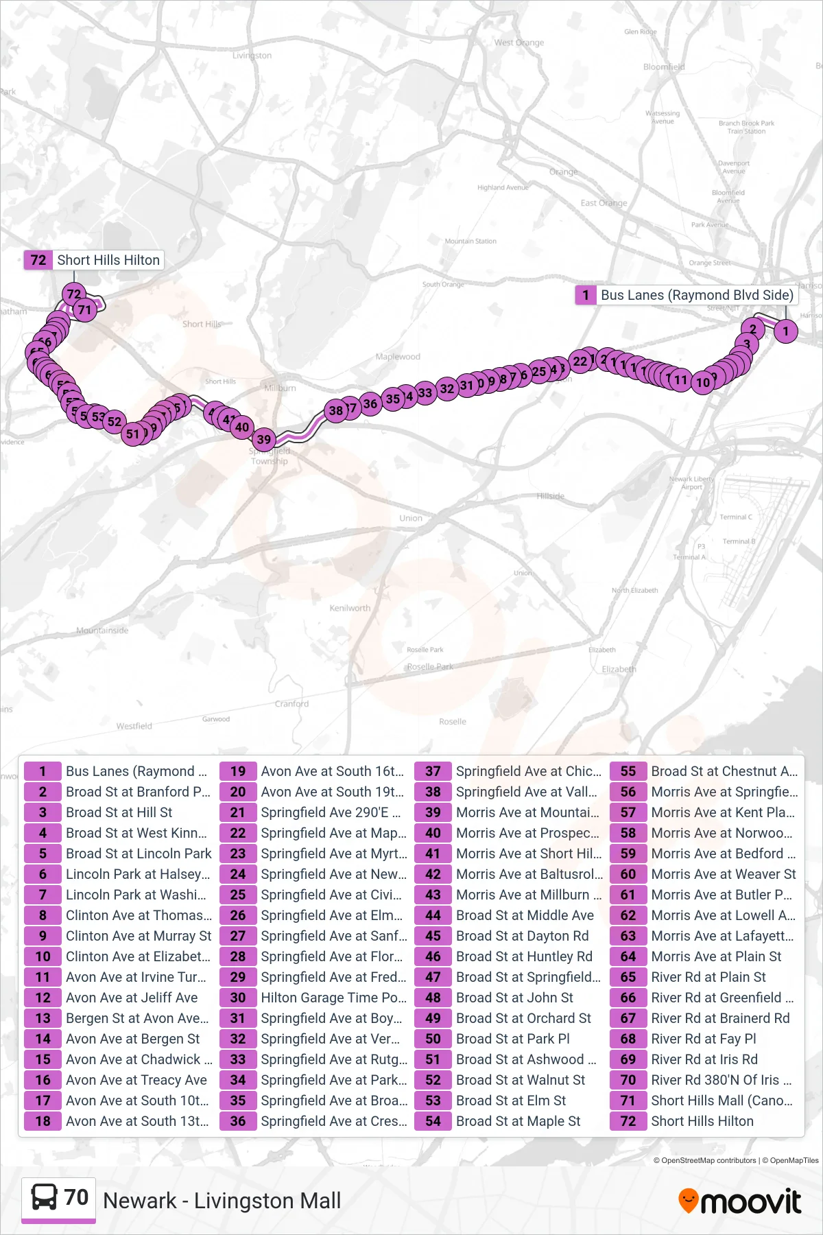 70 bus Line (Short Hills Hilton Hotel Via Vauxhall) route and stops on a map