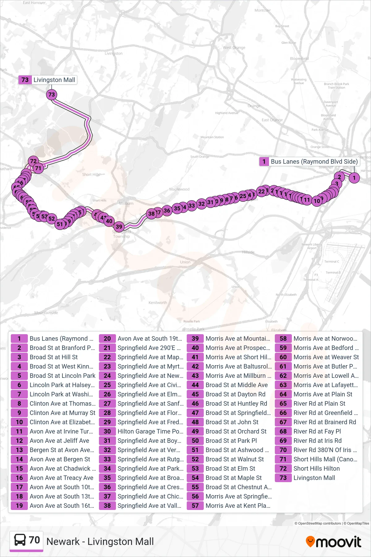 70 bus Line (Short Hills Hilton Hotel Livingston Mal Via Vauxhall) route and stops on a map