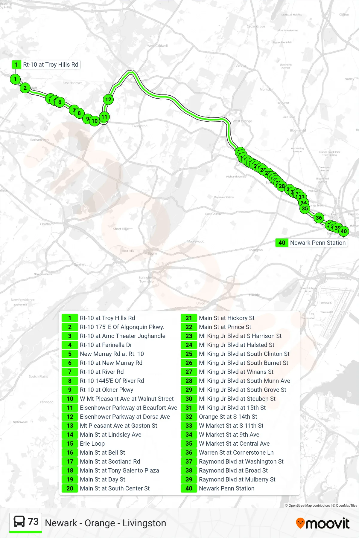 73 bus Line (I-280 Express Newark Via Eisenhower Parkway) route and stops on a map