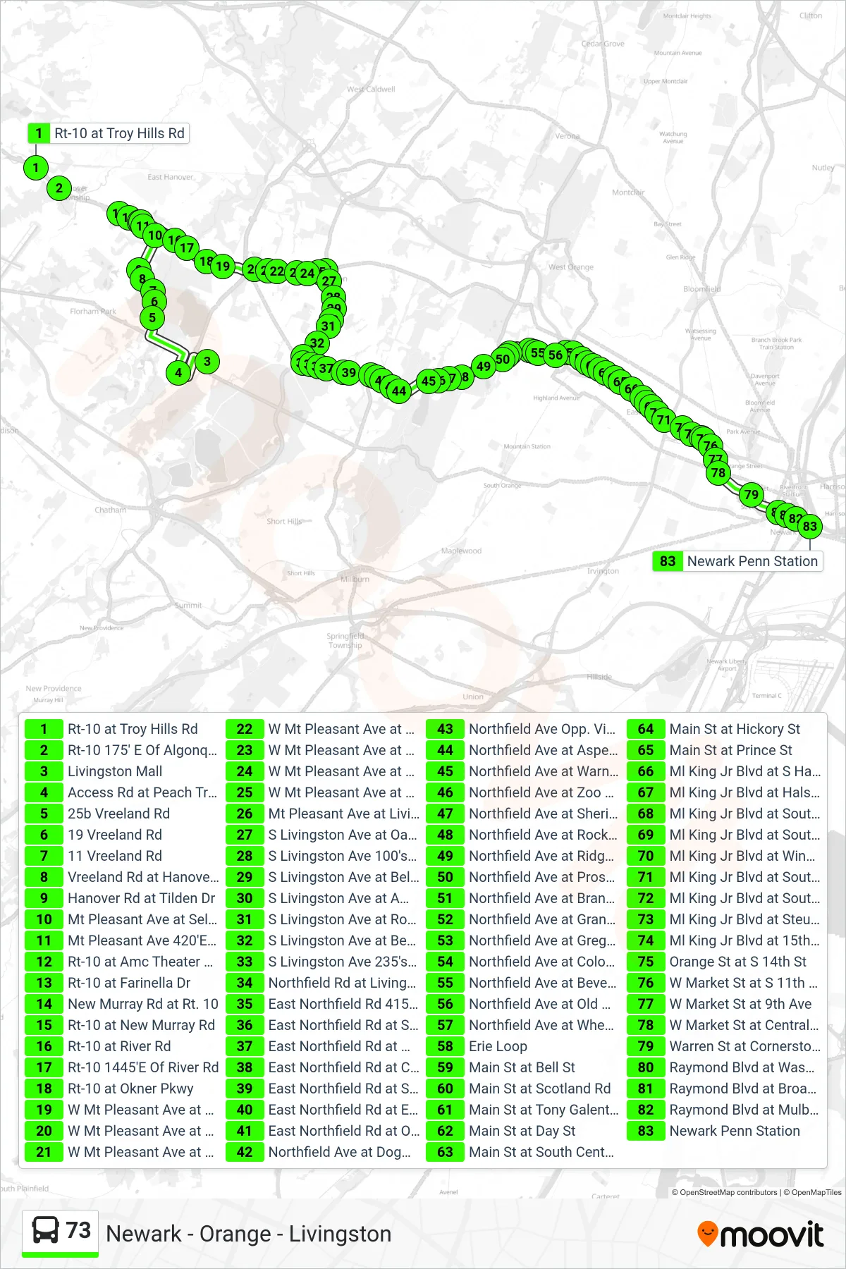73 bus Line (Newark Penn Station) route and stops on a map