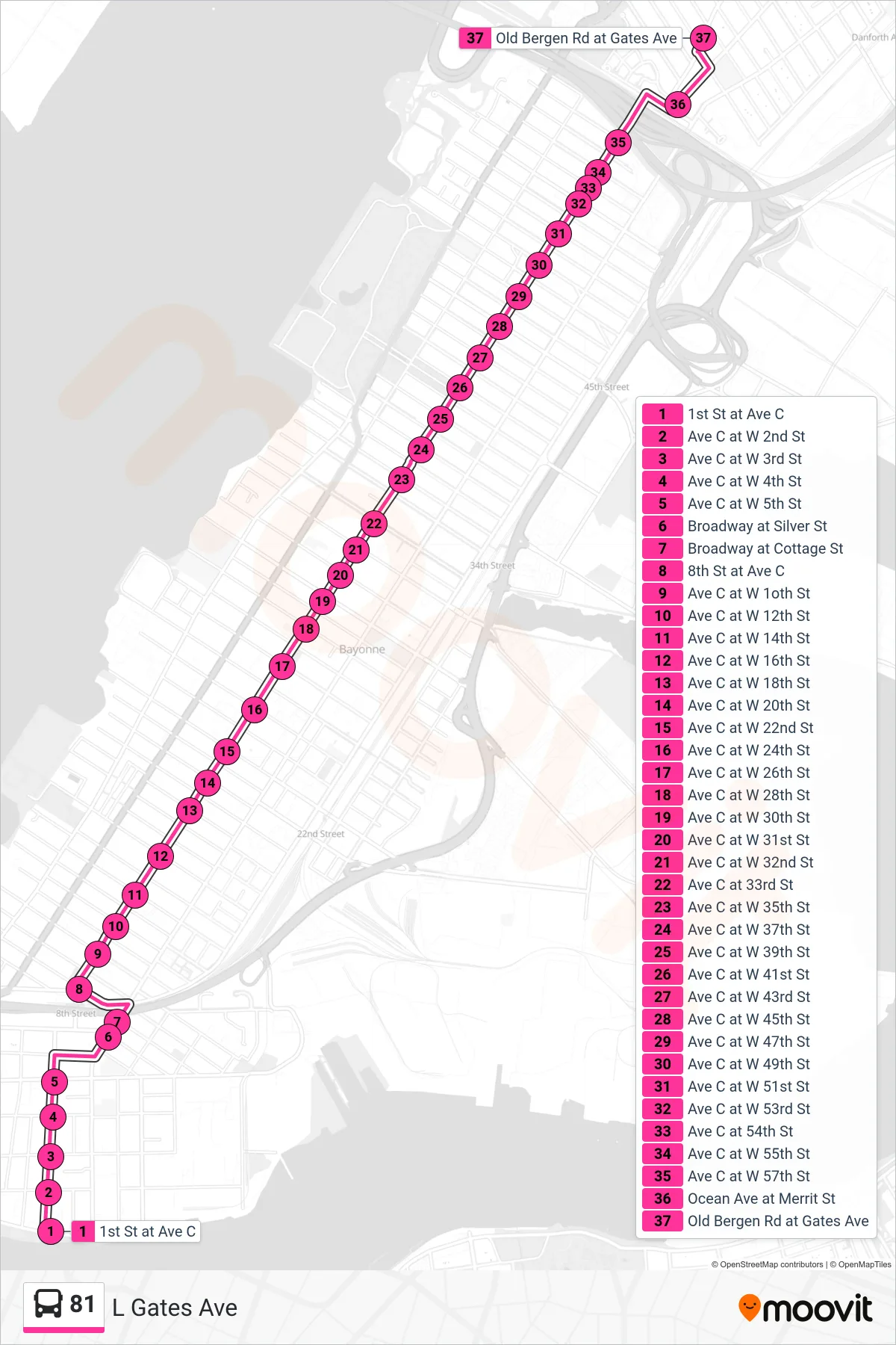 81 bus Line (L Gates Ave) route and stops on a map