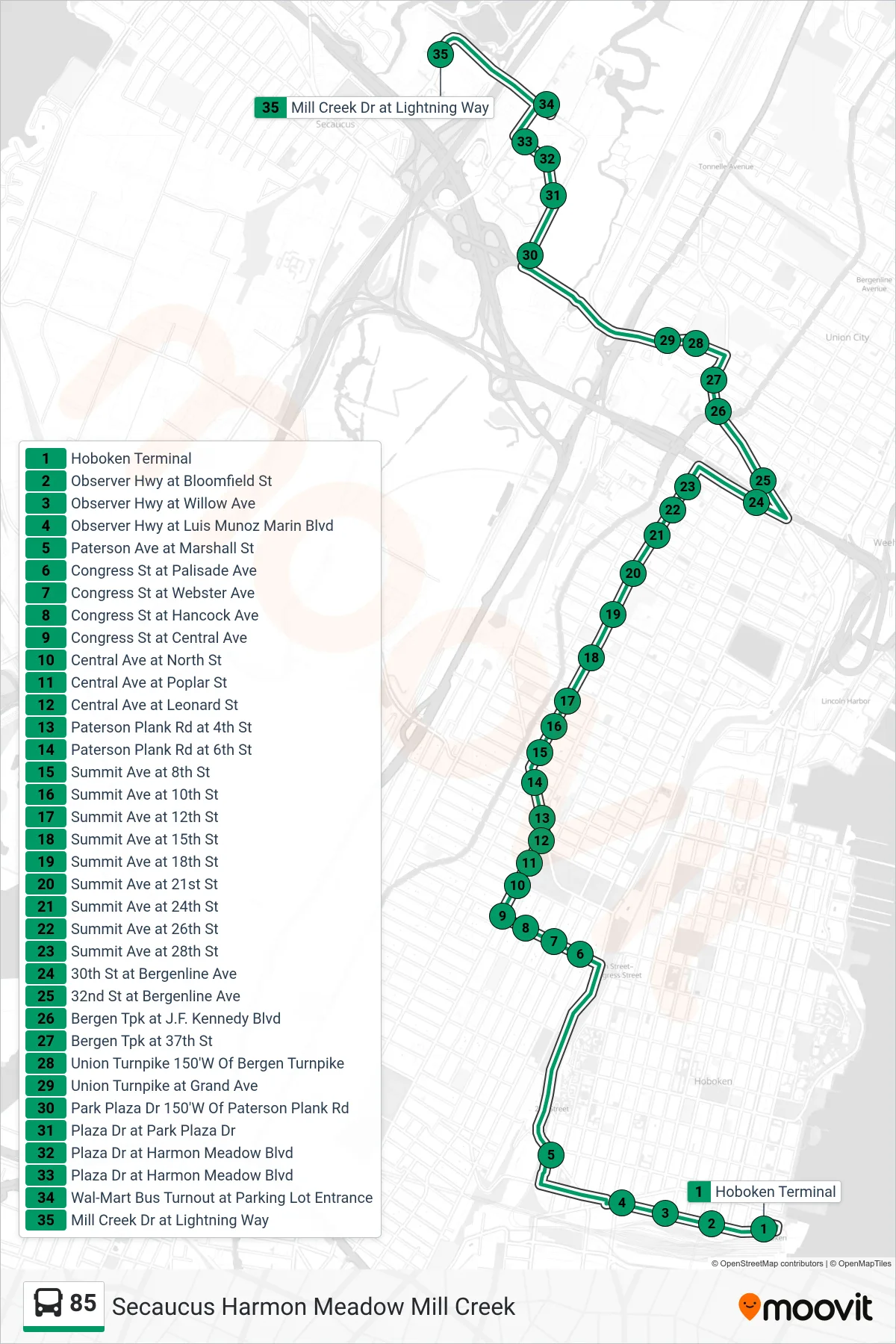 85 bus Line (Secaucus Harmon Meadow Mill Creek) route and stops on a map