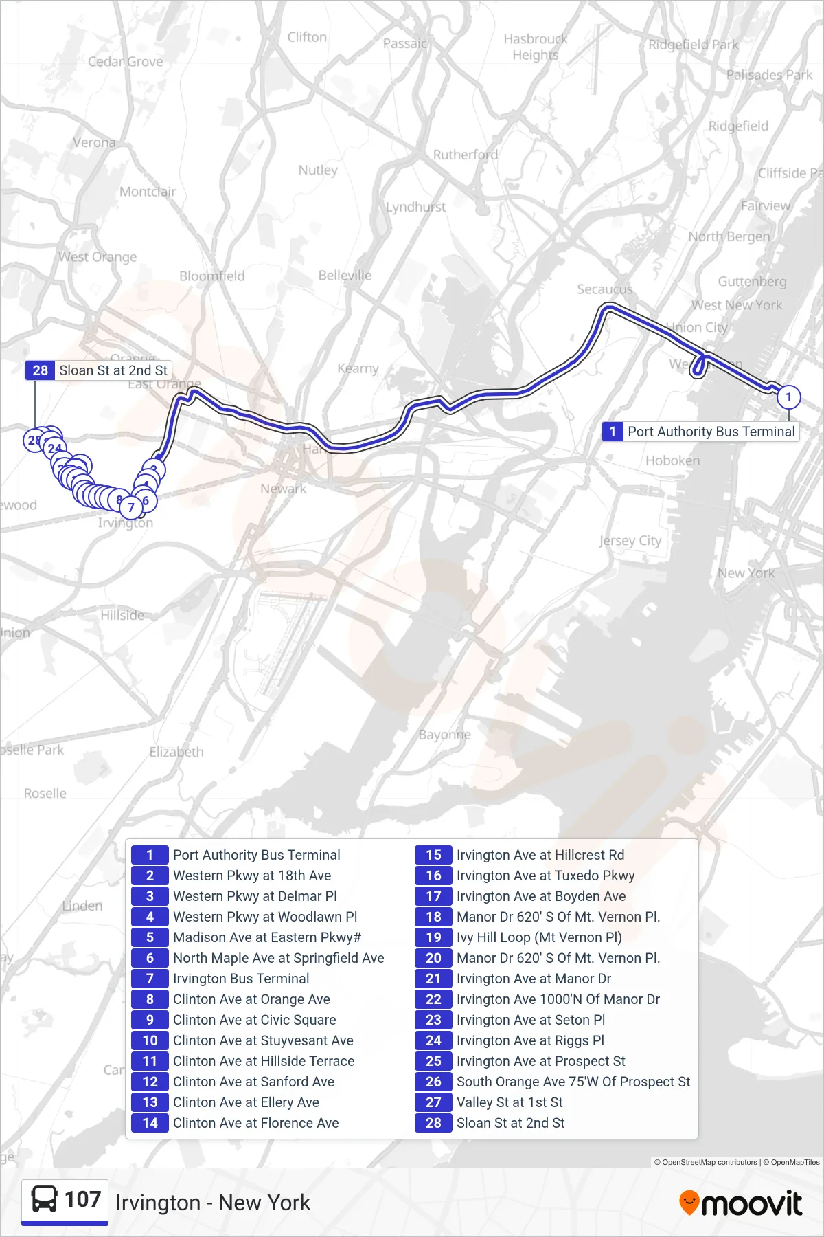 107 bus Line (X Express Irvington Ivy Hill & S Orange) route and stops on a map