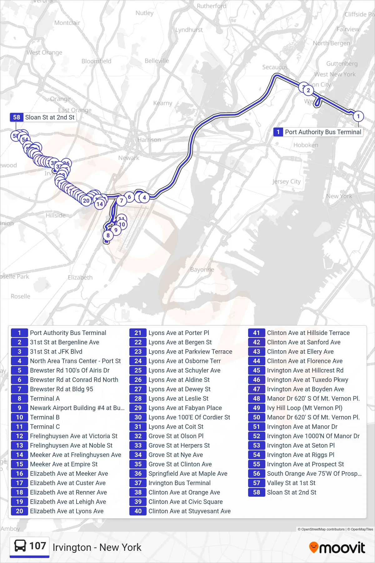 107 bus Line (Irvington S Orange Via Ivy Hill) route and stops on a map
