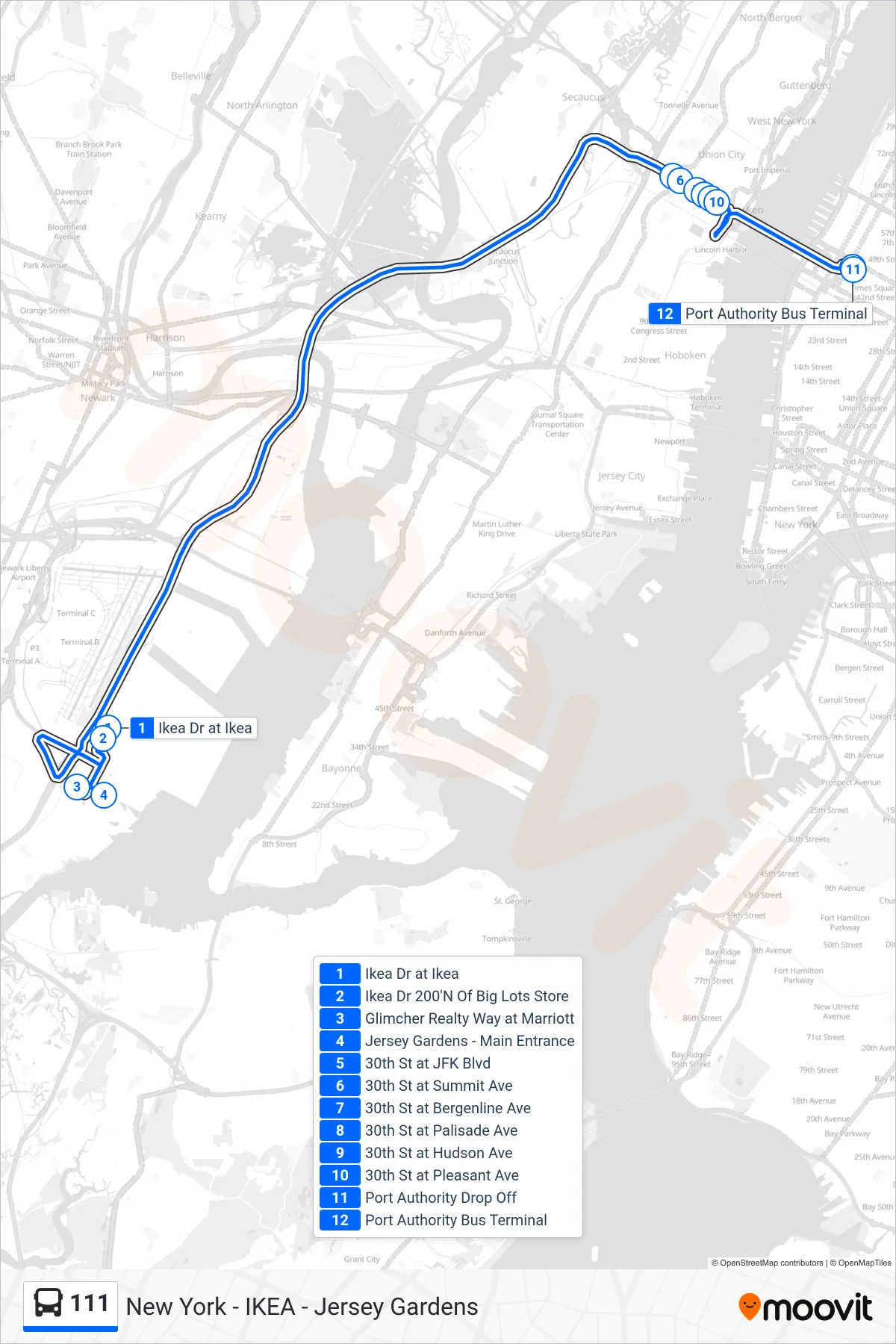 111 bus Line (New York Via Union City) route and stops on a map