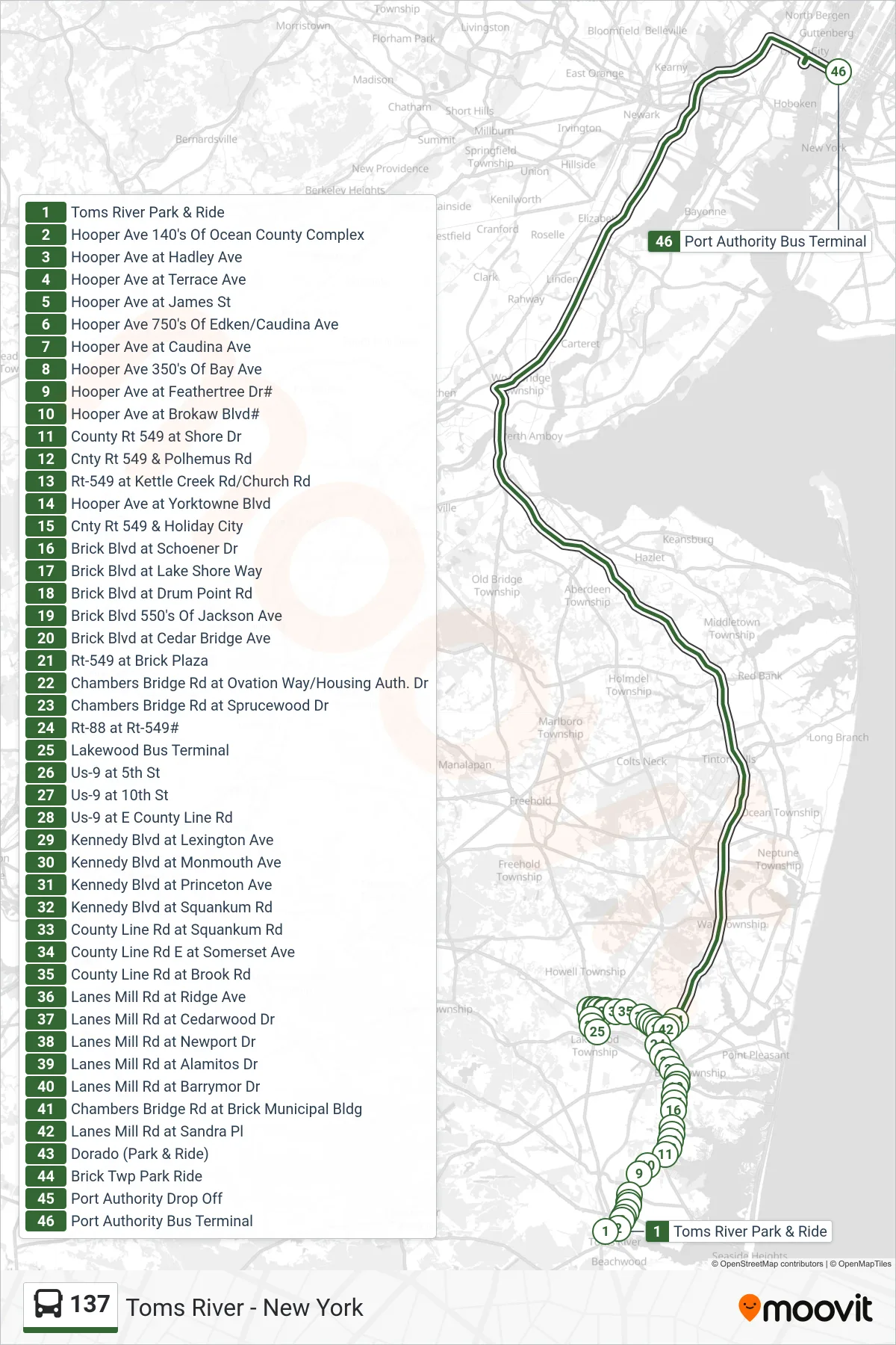 137 bus Line (New York Via Brick Twp Parkway Exp) route and stops on a map