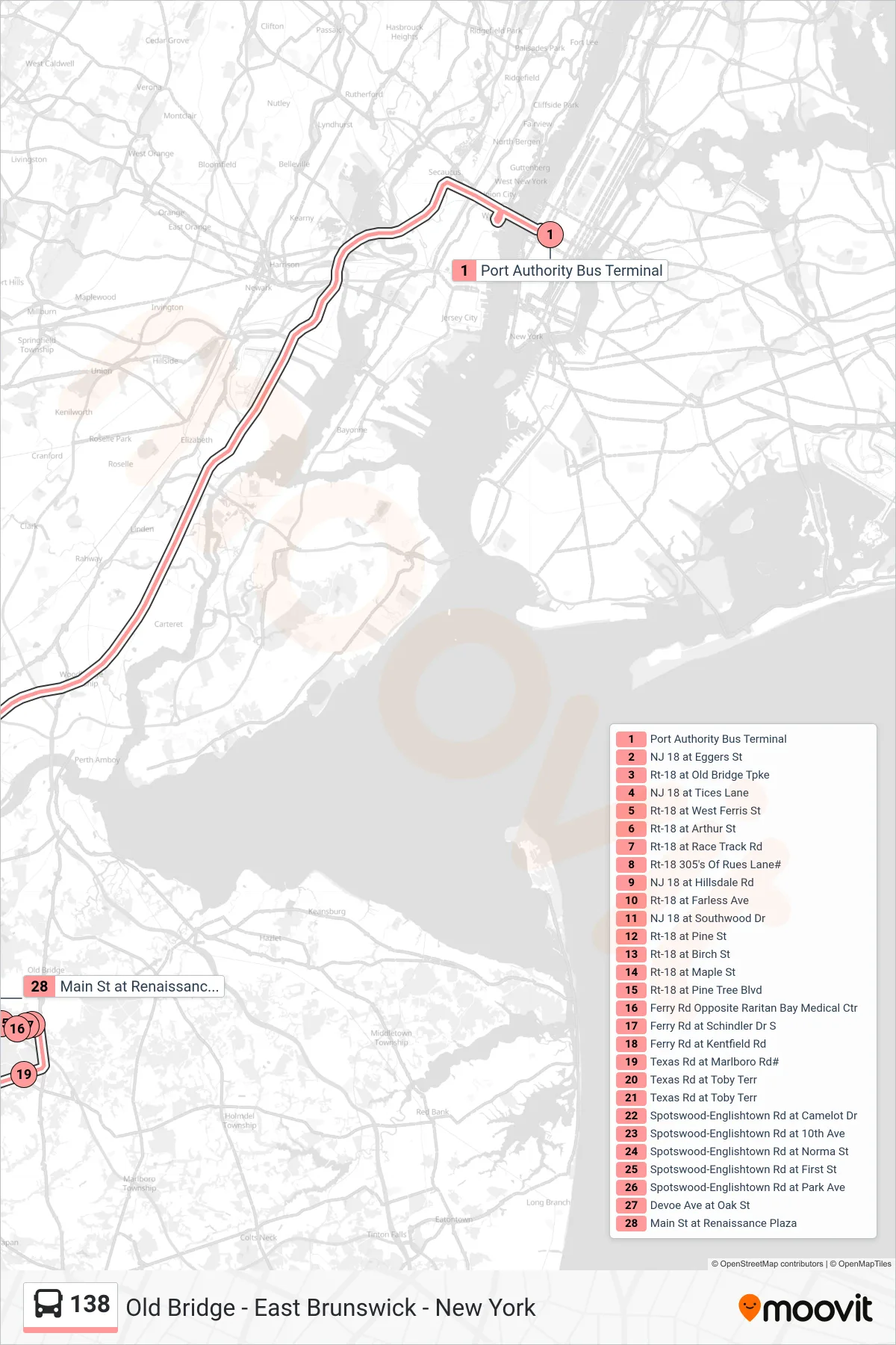138 bus Line (Old Bridge Monroe- Spotswood) route and stops on a map