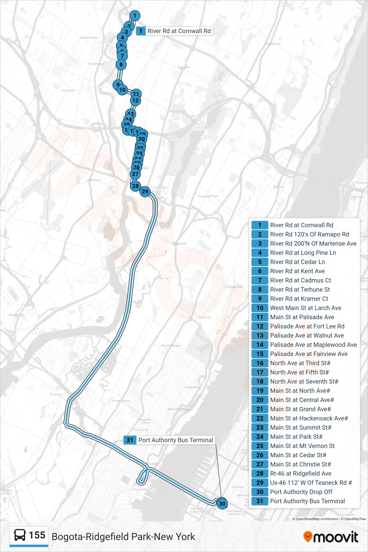 155 bus Line (New York Express) route and stops on a map