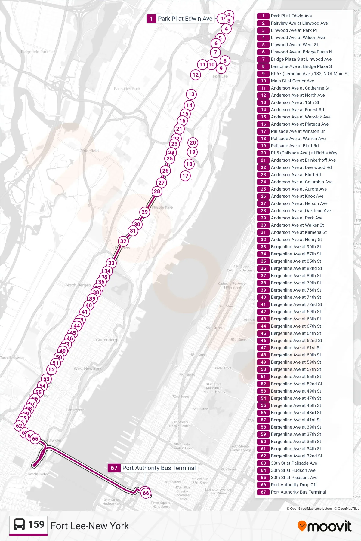 159 bus Line (New York Via Bergenline Ave) route and stops on a map