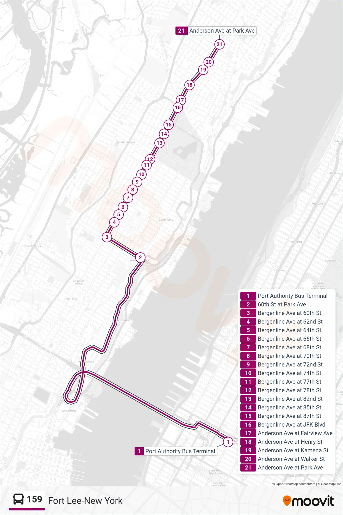 159 bus Line (X Fairview Njt Garage 60th Street Express) route and stops on a map