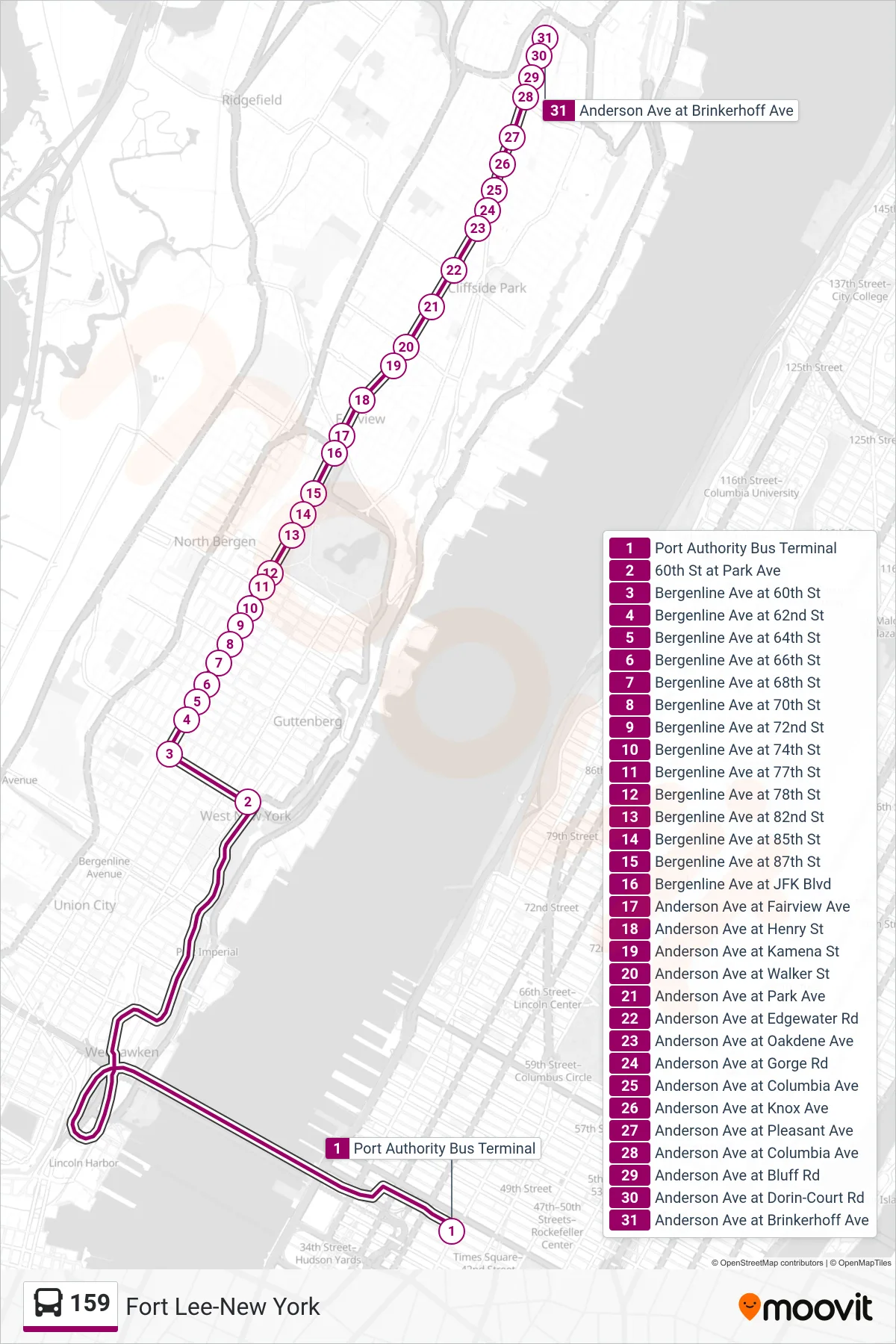 159 bus Line (Fort Lee Route 5) route and stops on a map