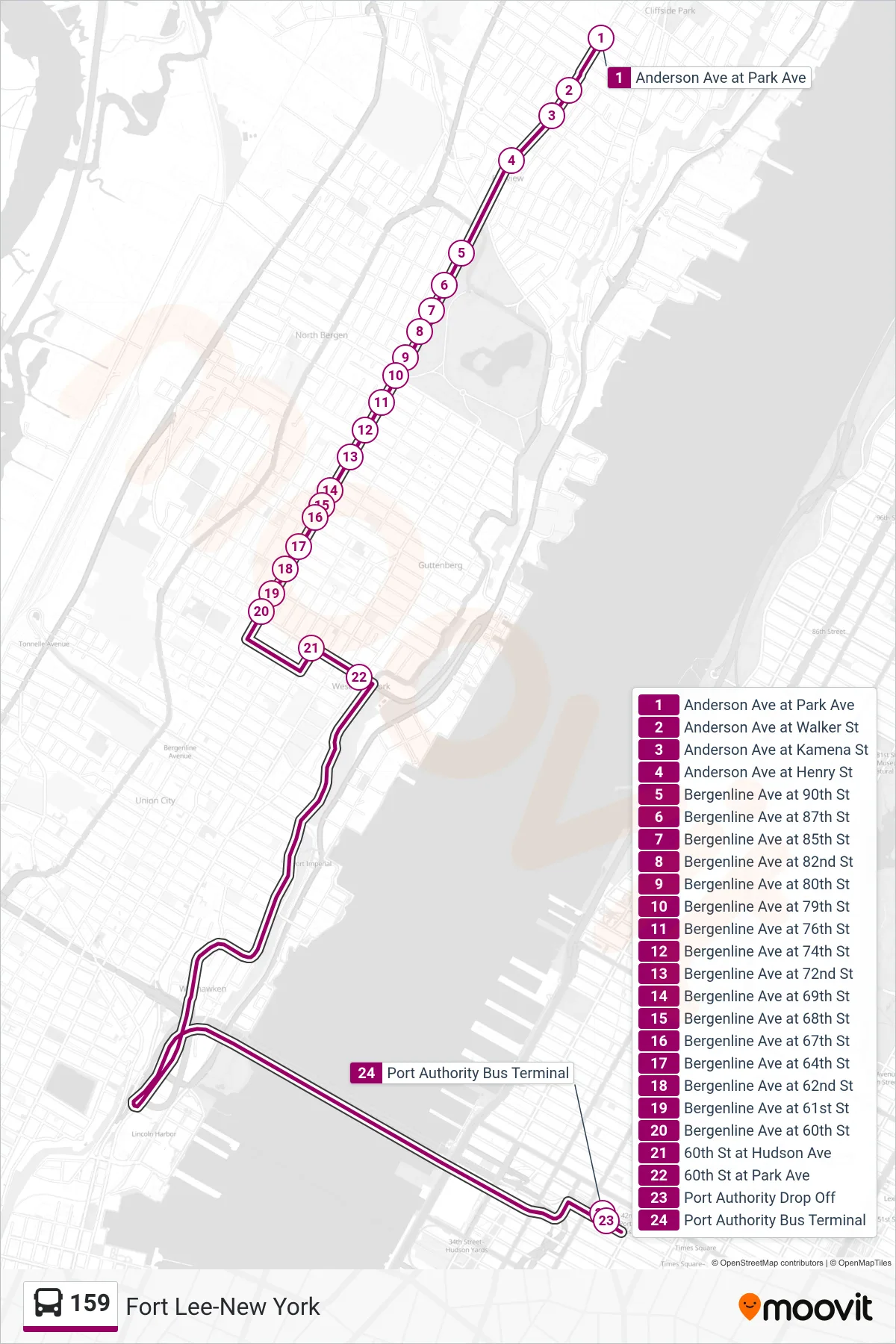 159 bus Line (X New York 60th Street Express) route and stops on a map