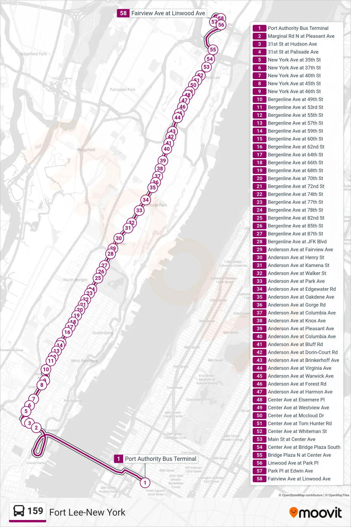 159 bus Line (Fort Lee Linwood Park) route and stops on a map