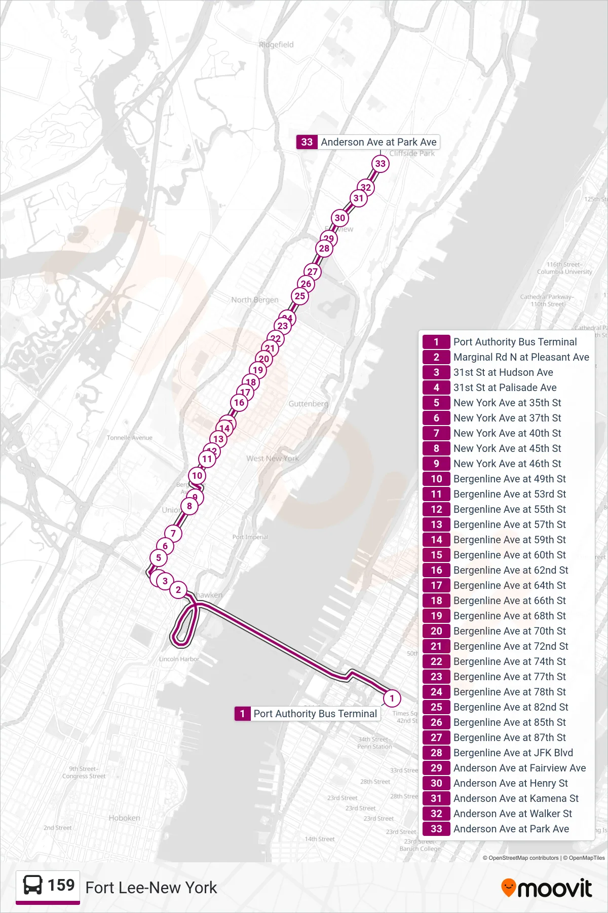 159 bus Line (Fairview Njt Garage) route and stops on a map