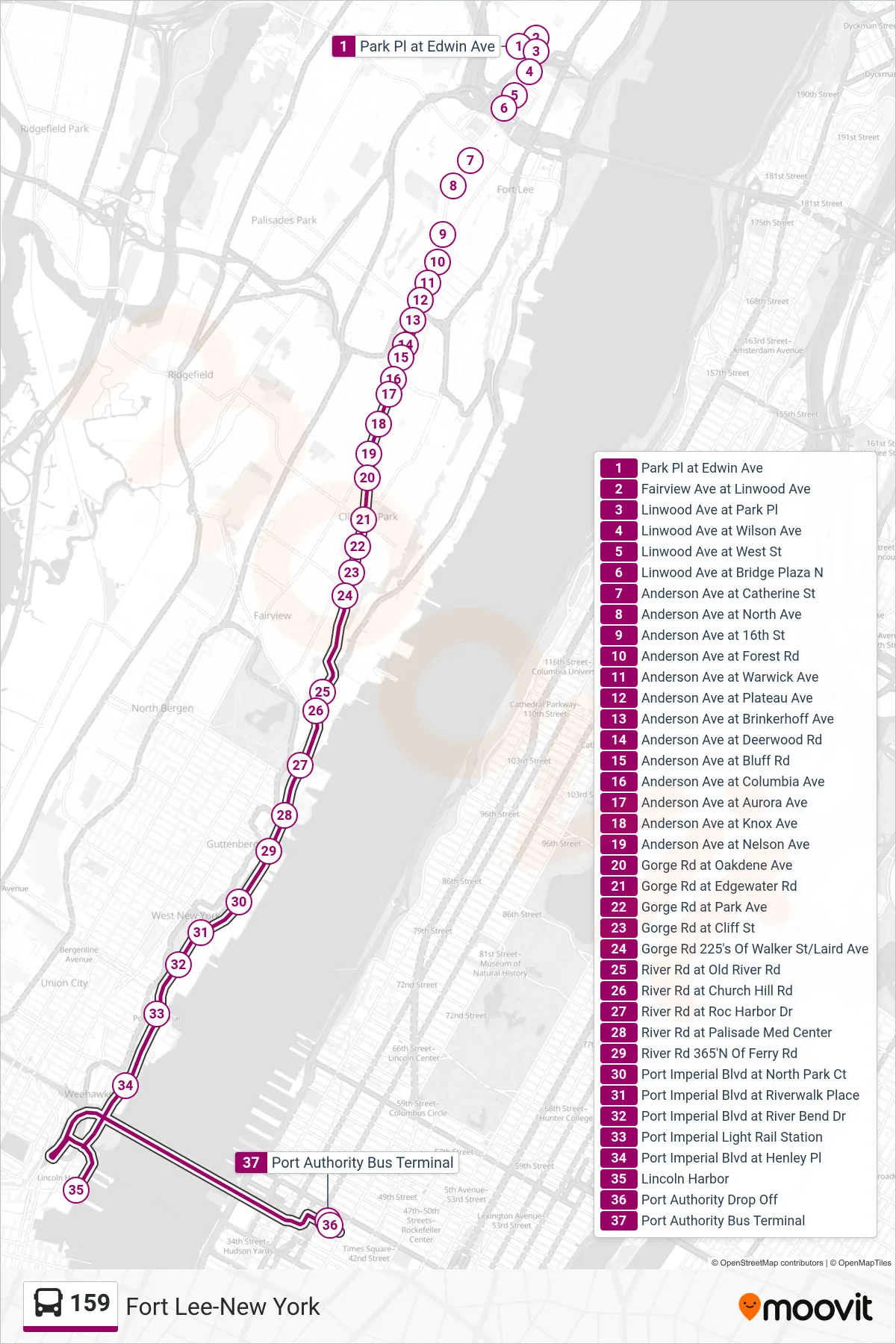 159 bus Line (R New York Via River Road) route and stops on a map