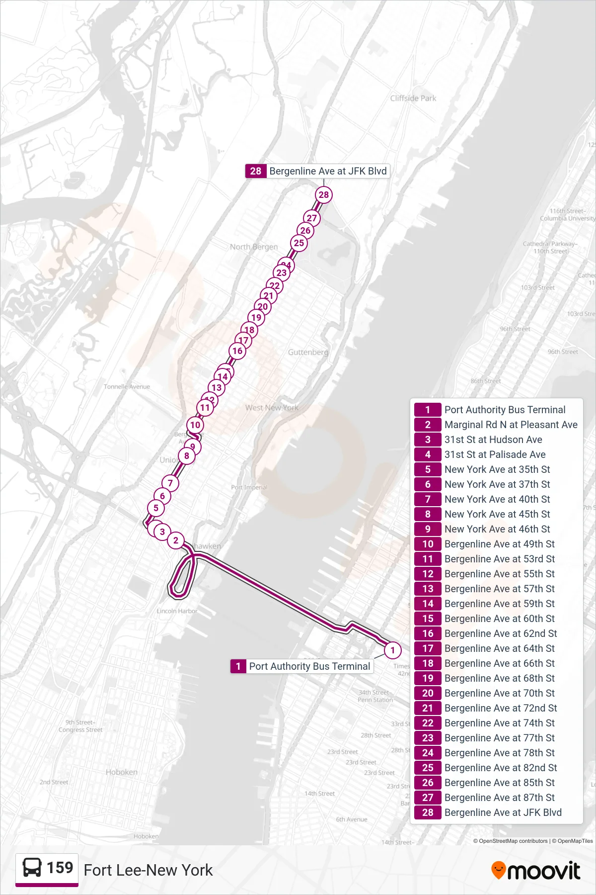 159 bus Line (North Bergen 91st Street) route and stops on a map
