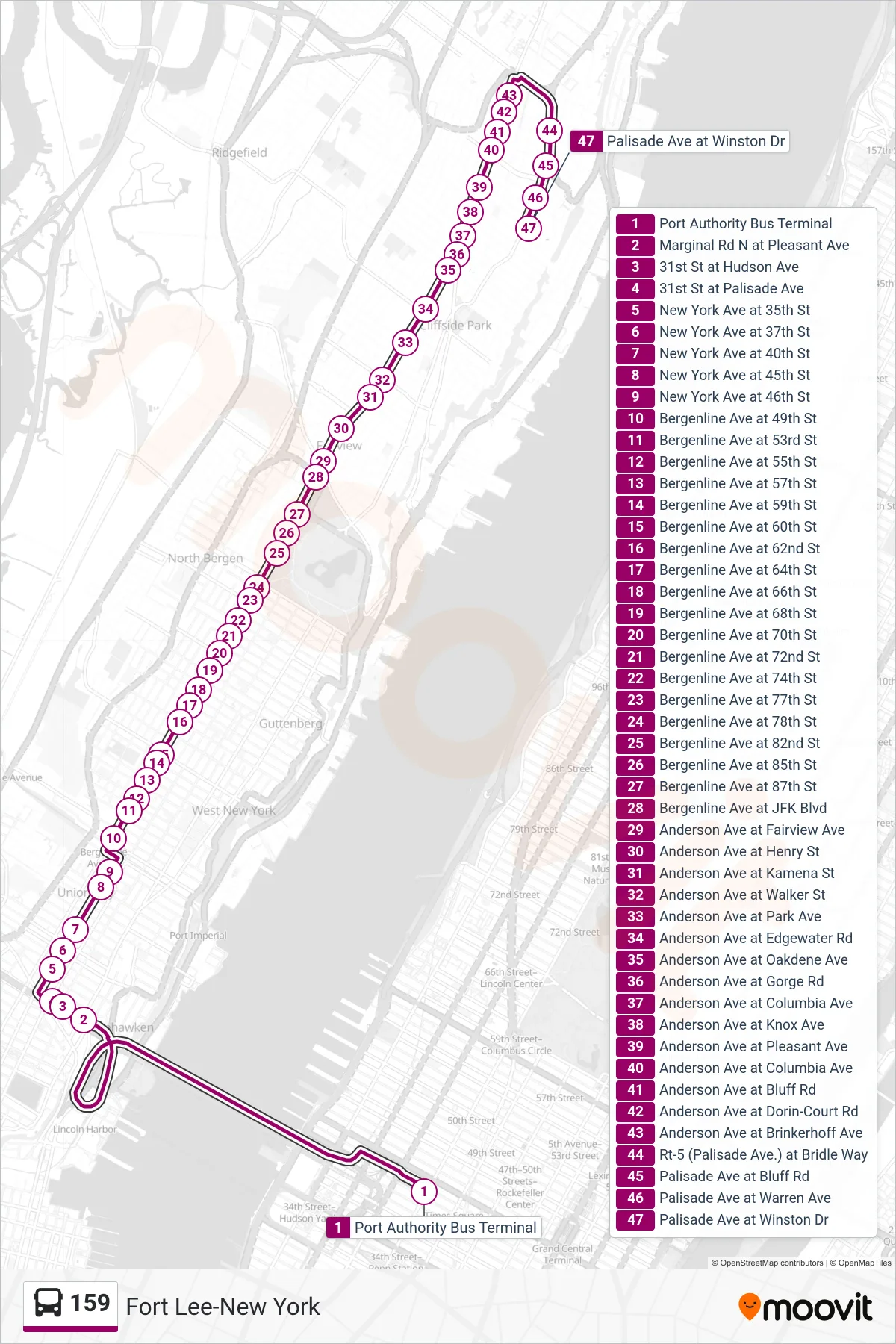 159 bus Line (Cliffside Park Winston Twrs) route and stops on a map