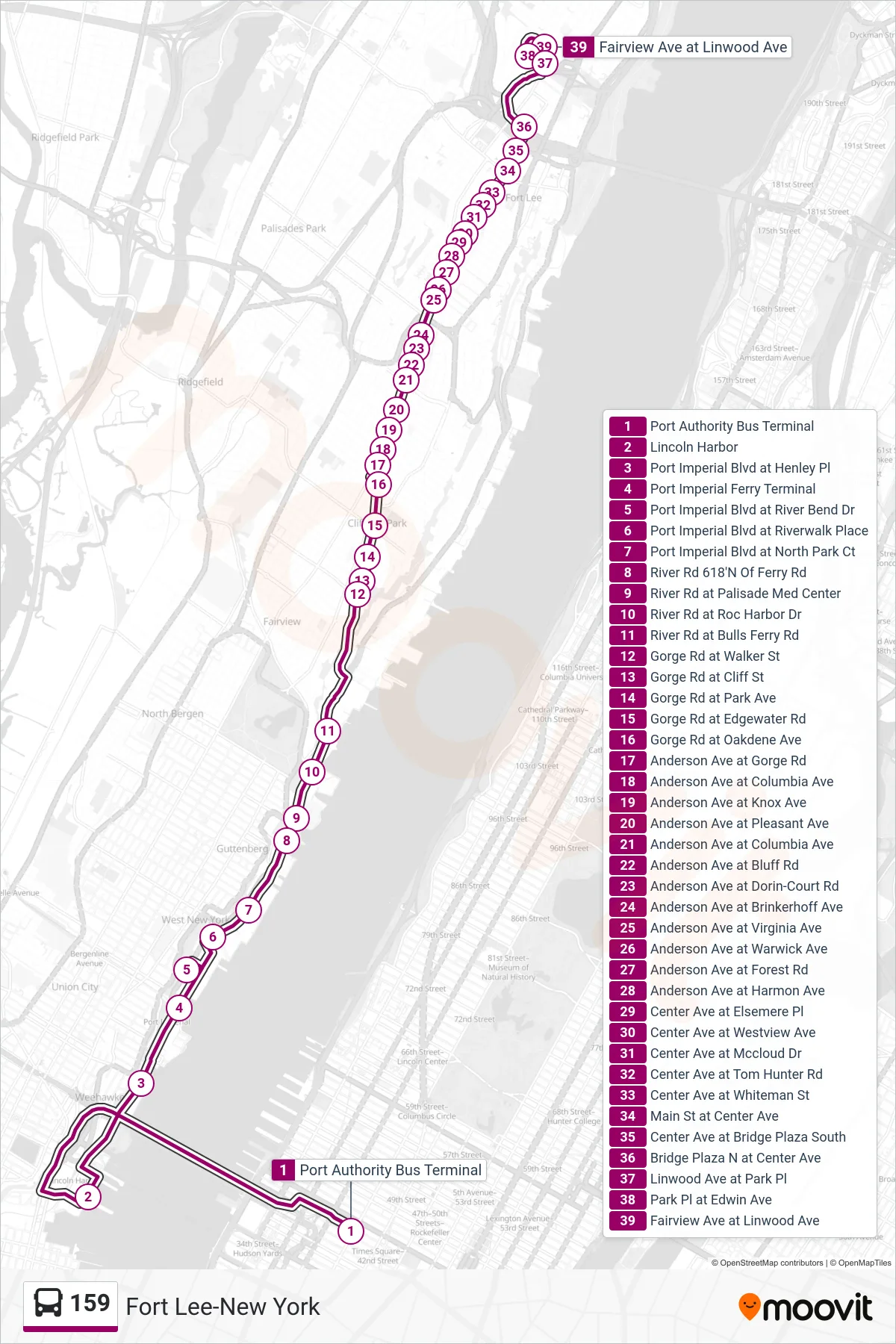 159 bus Line (R Fort Lee Linwood Park Via River Road) route and stops on a map