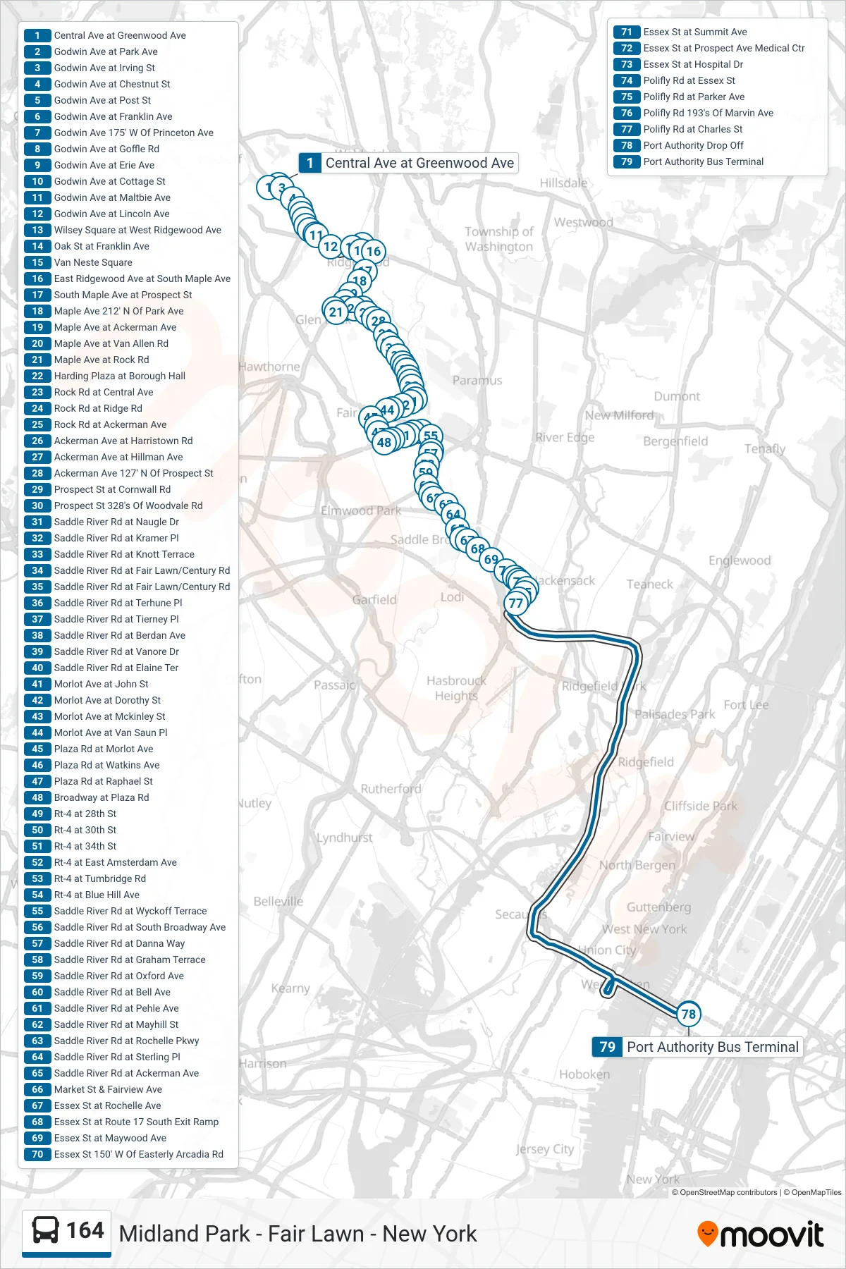 164 bus Line (E New York Hackensack Express) route and stops on a map