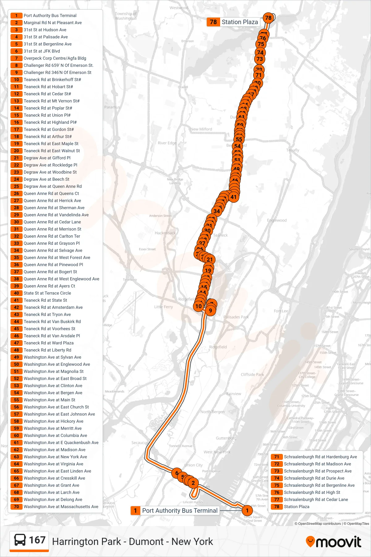 167 bus Line (Q Harrington Park) route and stops on a map