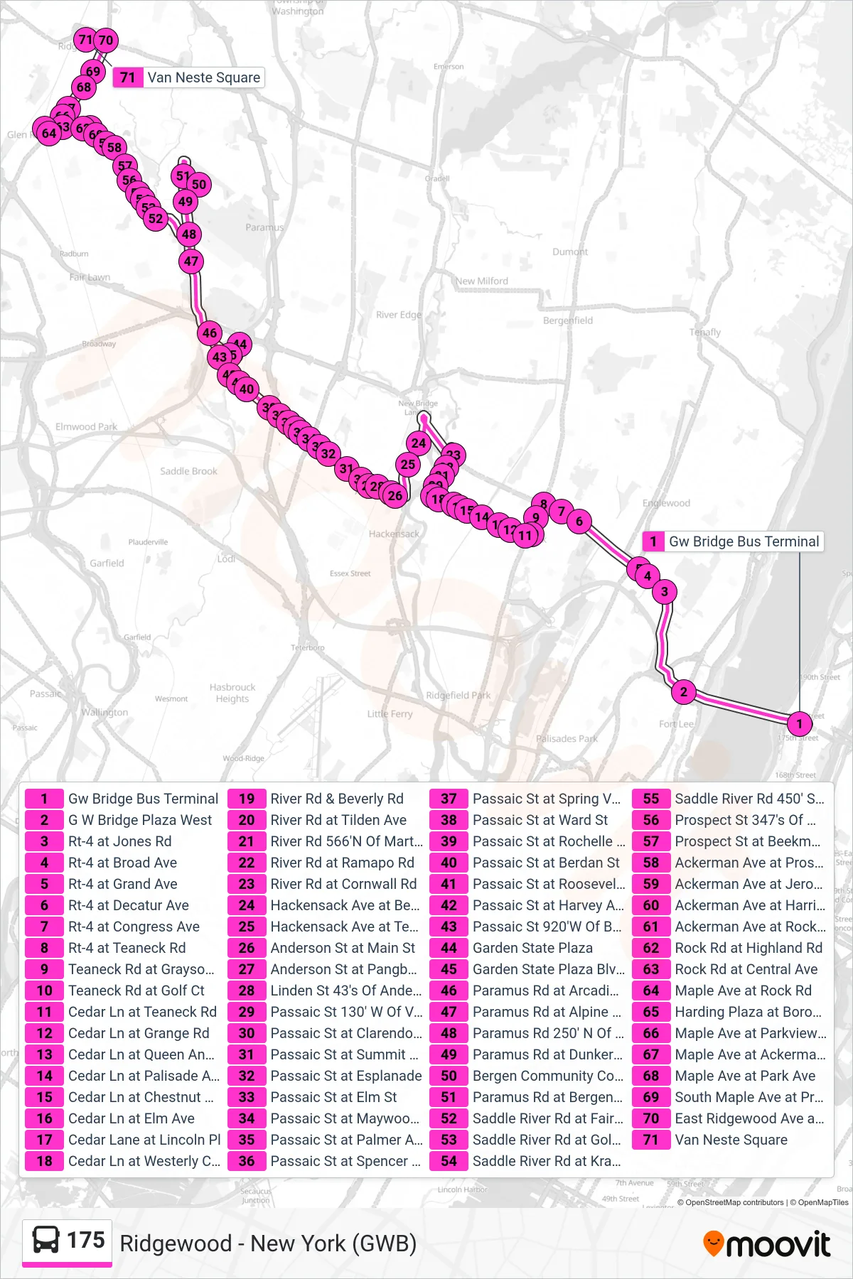175 bus Line (Ridgewood  Garden State Plaza Bergen Comm College) route and stops on a map