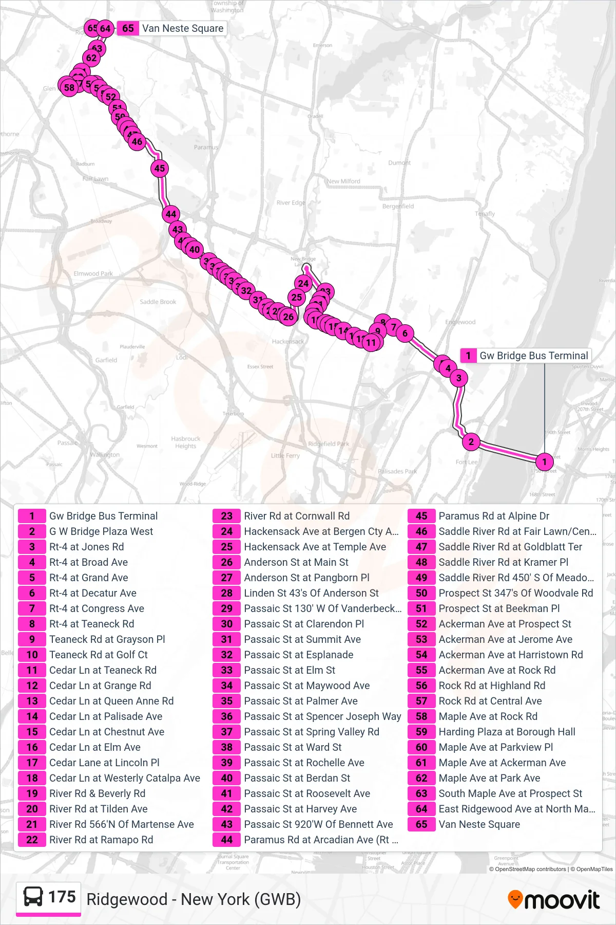 175 bus Line (Ridgewood) route and stops on a map
