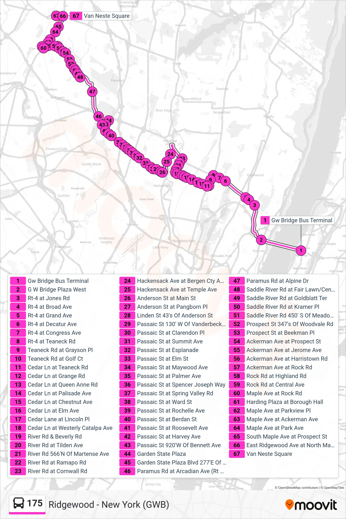 175 bus Line (Ridgewood  Garden State Plaza) route and stops on a map
