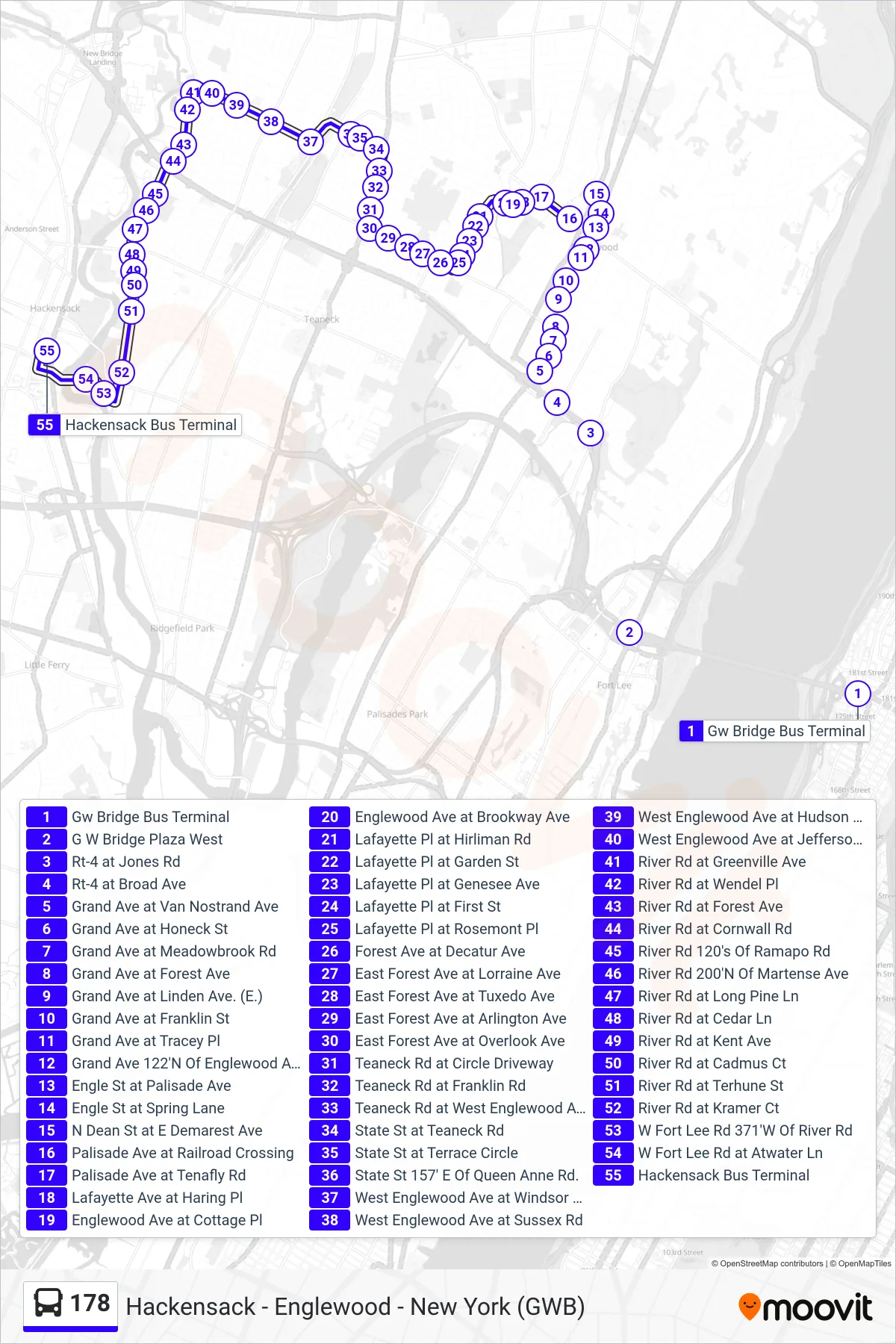 178 bus Line (Hackensack) route and stops on a map