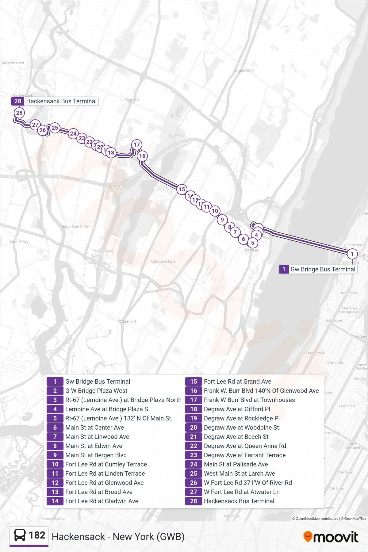 182 bus Line (Hackensack) route and stops on a map