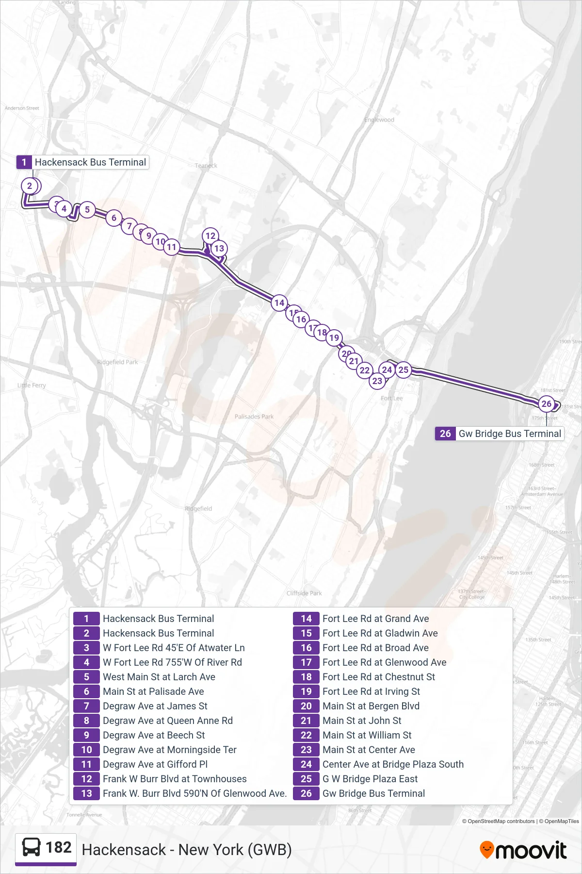182 bus Line (New York Gw Bridge Bus Station) route and stops on a map