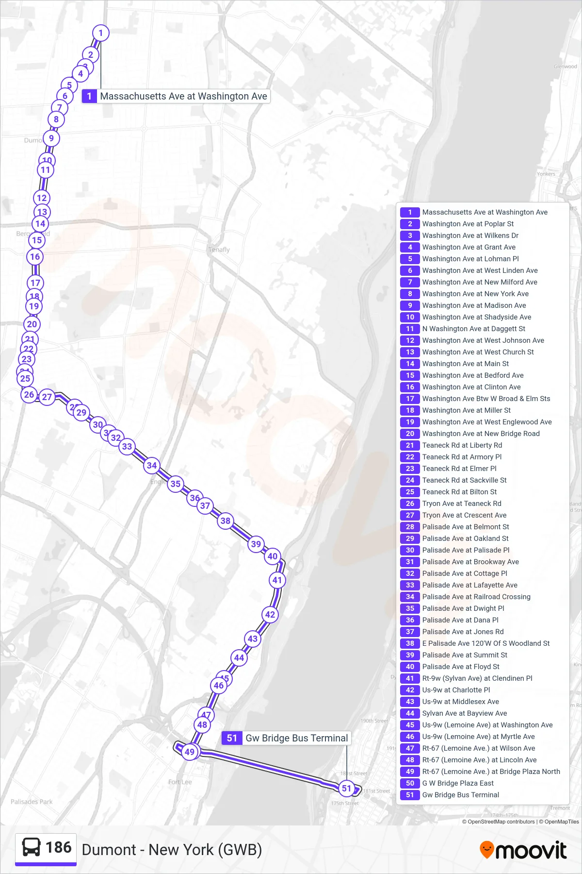186 bus Line (New York  Gw Bridge Bus Station) route and stops on a map