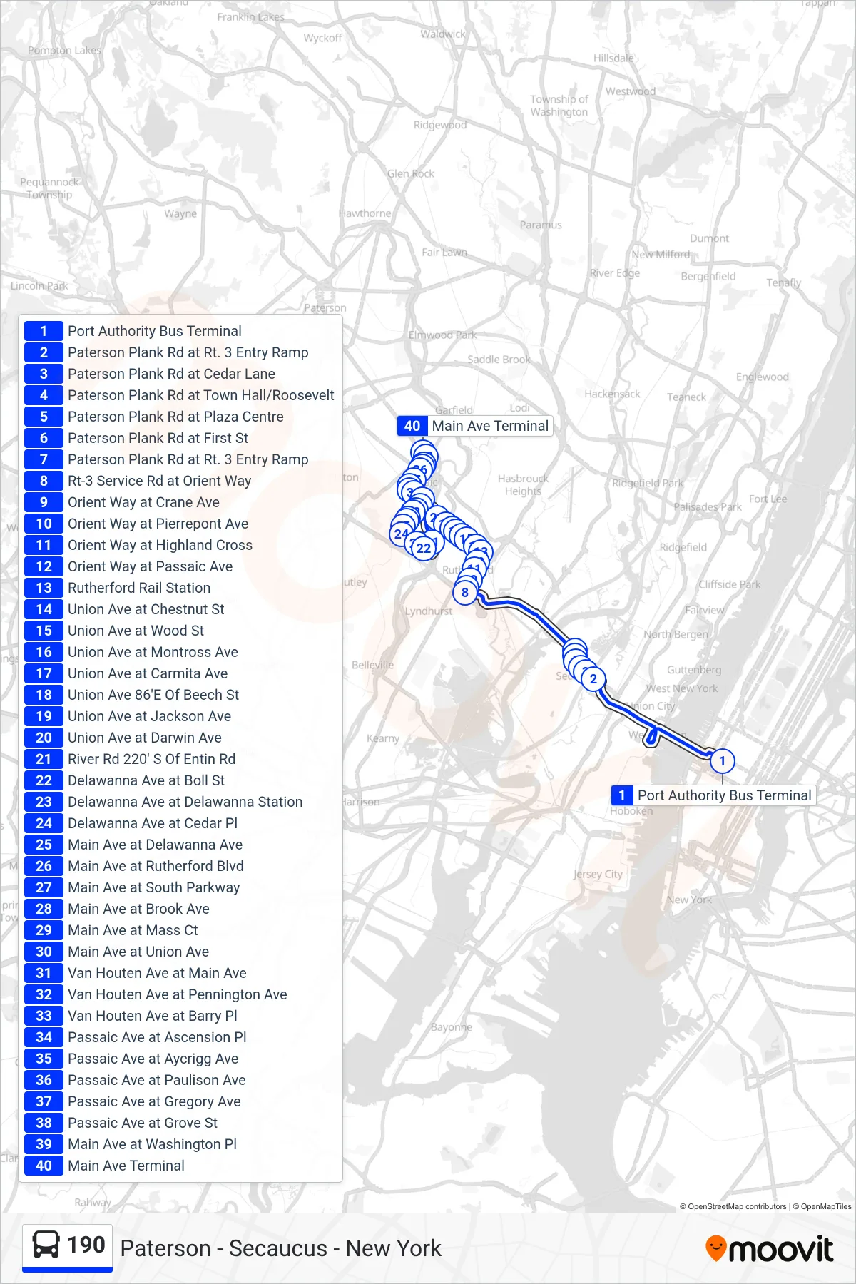 190 bus Line (Dn Passaic Local Via Delawanna &  Passaic Ave) route and stops on a map