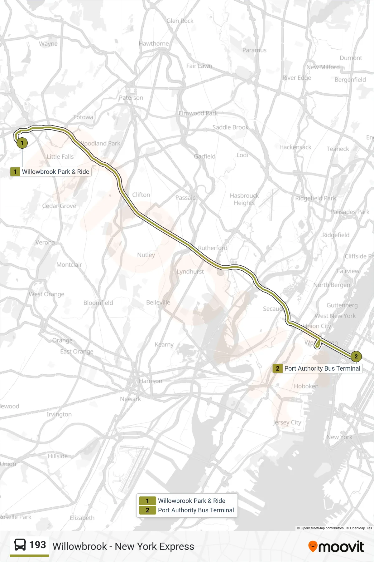 193 bus Line (New York Express) route and stops on a map